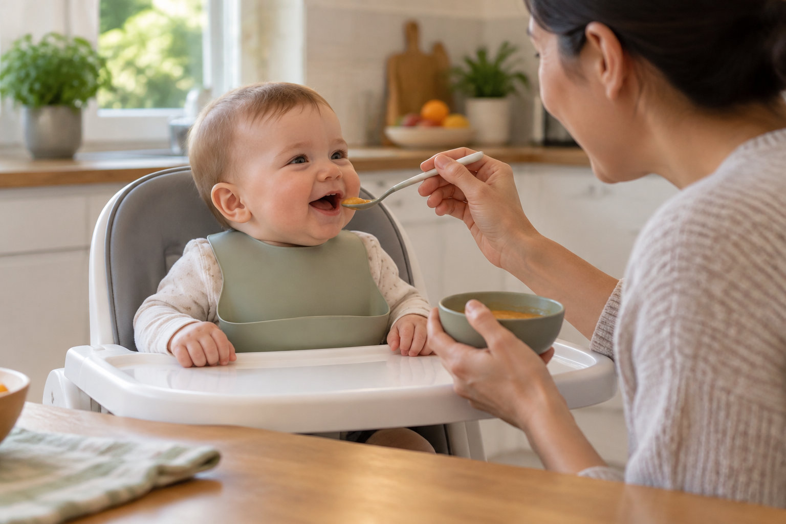 Une mère donne une cuillerée de purée à un bébé assis dans une chaise haute, dans une cuisine.