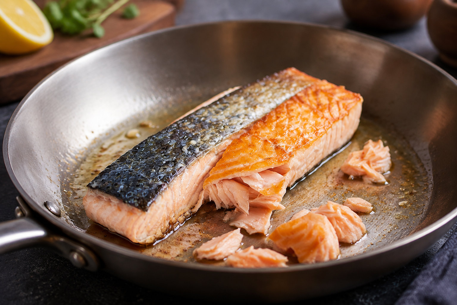 Un pavé de saumon à la peau dorée et des morceaux de chair cuisent dans une poêle, avec un citron et des herbes en arrière-plan.