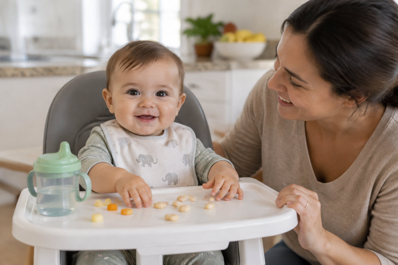 Un bébé est assis droit dans une chaise adaptée, face à l’adulte qui reste près de lui pendant le repas.