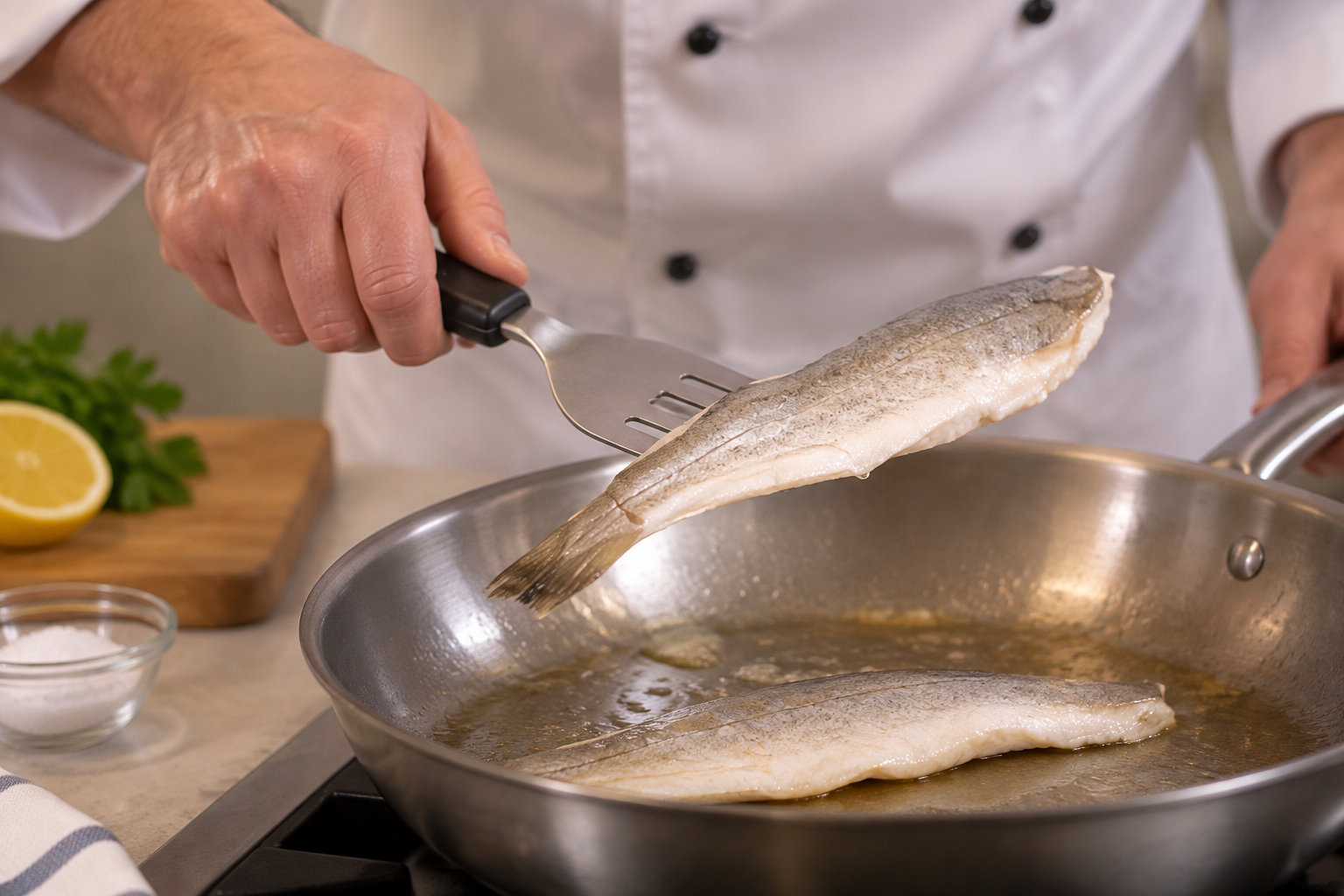 Un cuisinier en veste blanche dépose un filet de poisson dans une poêle chaude à l’aide d’une spatule, tandis qu’un autre filet y cuit déjà.