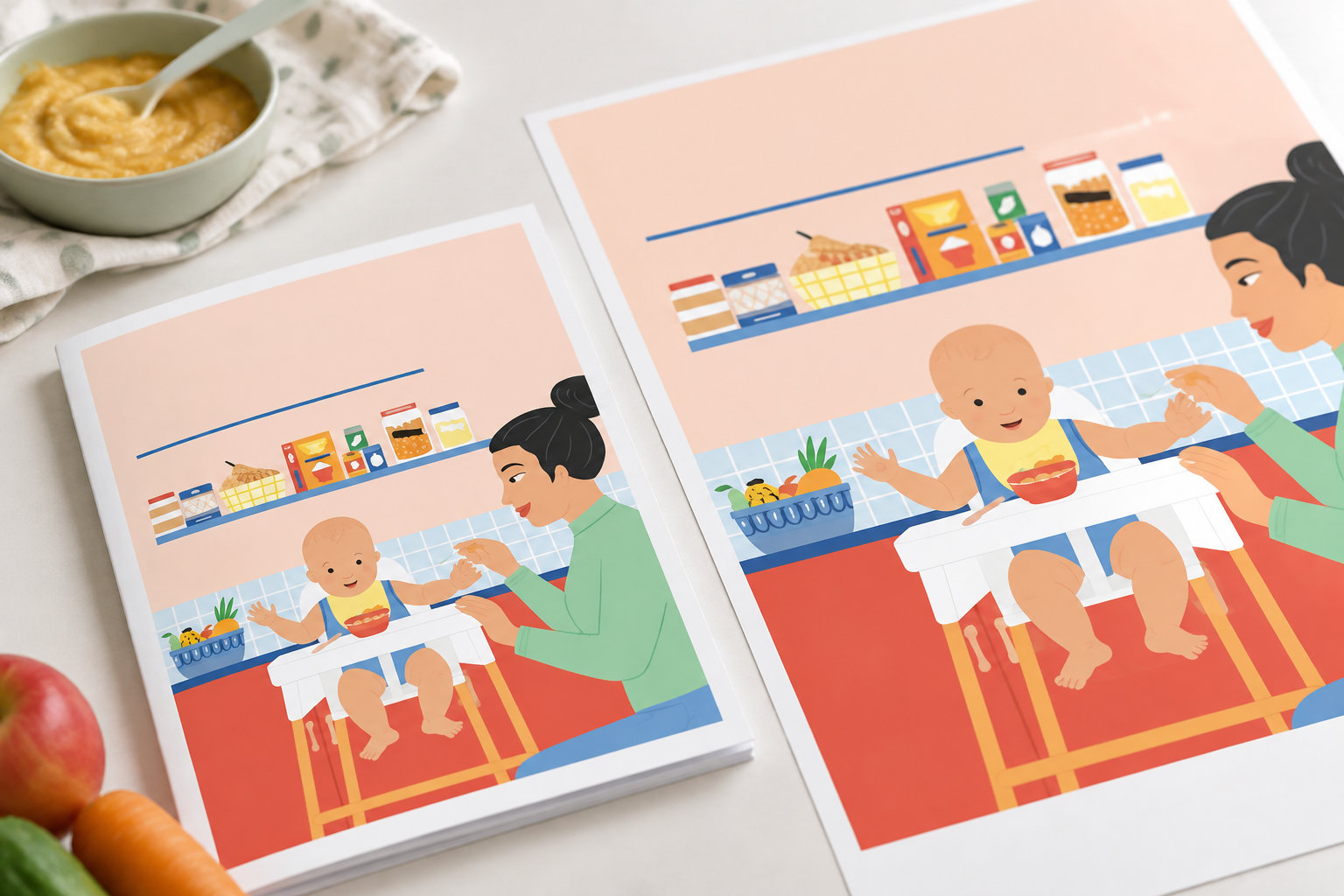 Le PDF officiel « Pas à pas, votre enfant mange comme un grand » est ouvert à côté de l’affiche de diversification alimentaire jusqu’à 3 ans.