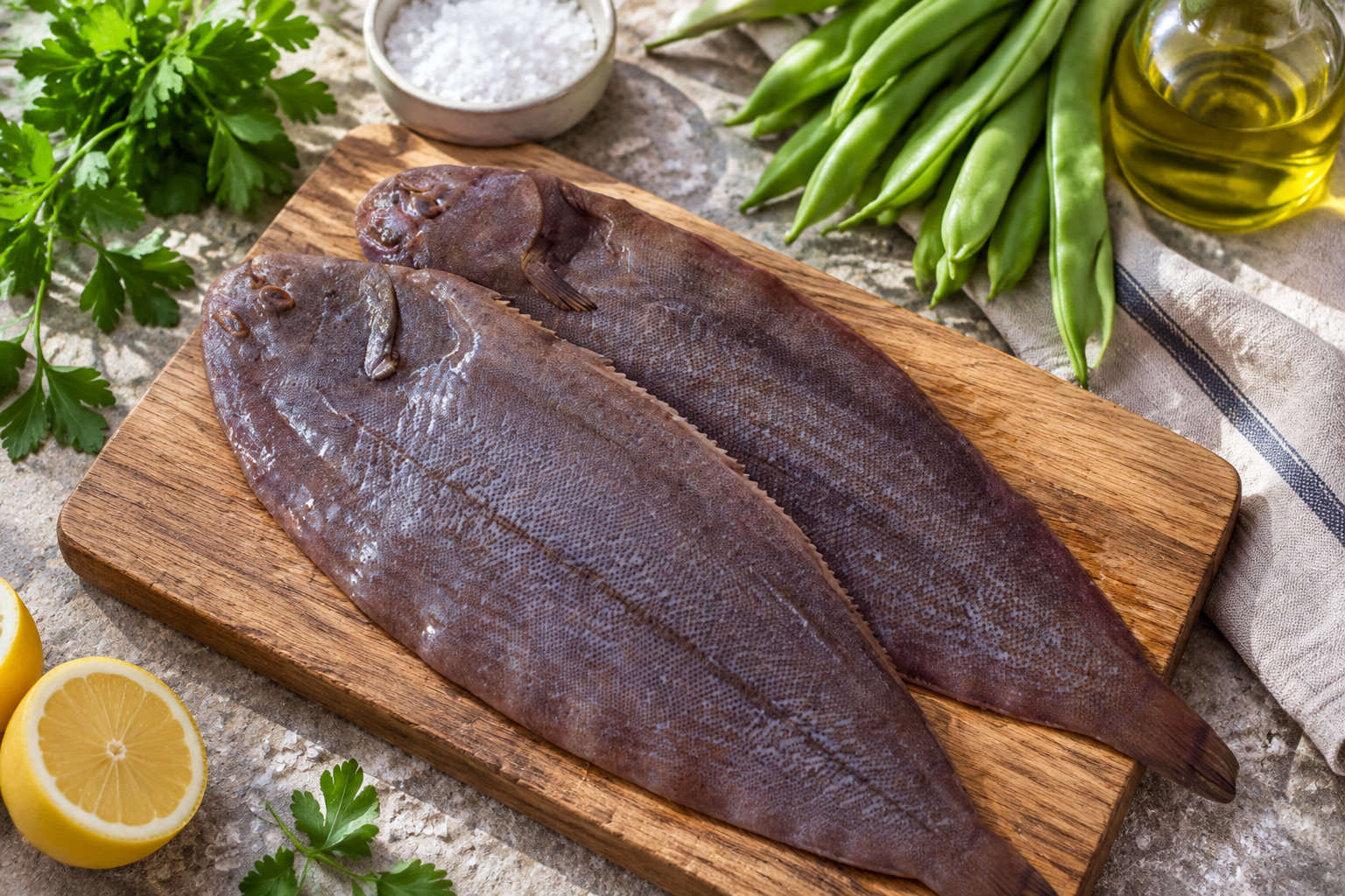 Deux poissons entiers reposent sur une planche en bois, entourés de haricots verts, de persil, de citrons, de sel et d’huile.
