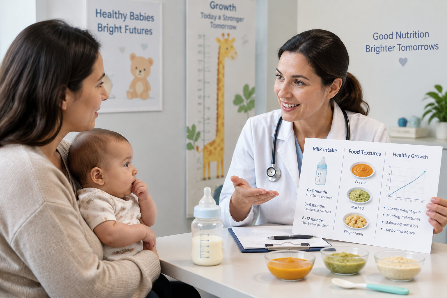 Un parent échange avec un pédiatre sur la croissance, les apports lactés et la progression des textures de son enfant.