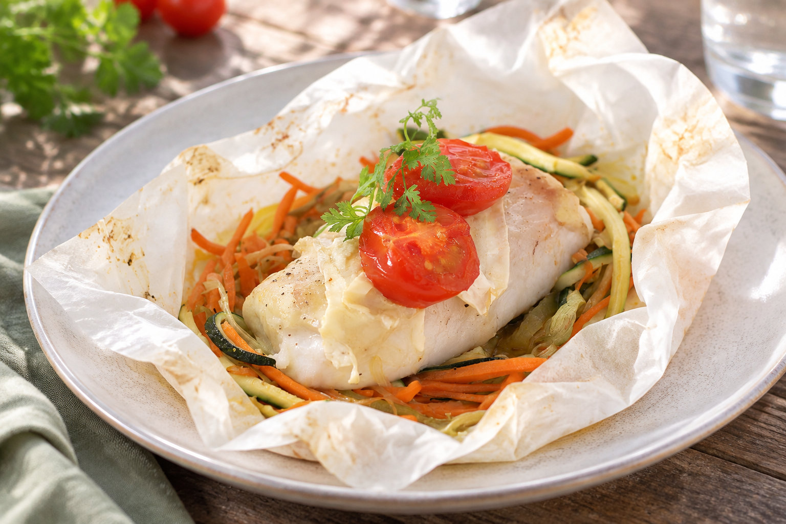 Un filet de poisson garni de rondelles de tomate et d’herbes repose sur des légumes émincés dans une papillote ouverte, sur une assiette.