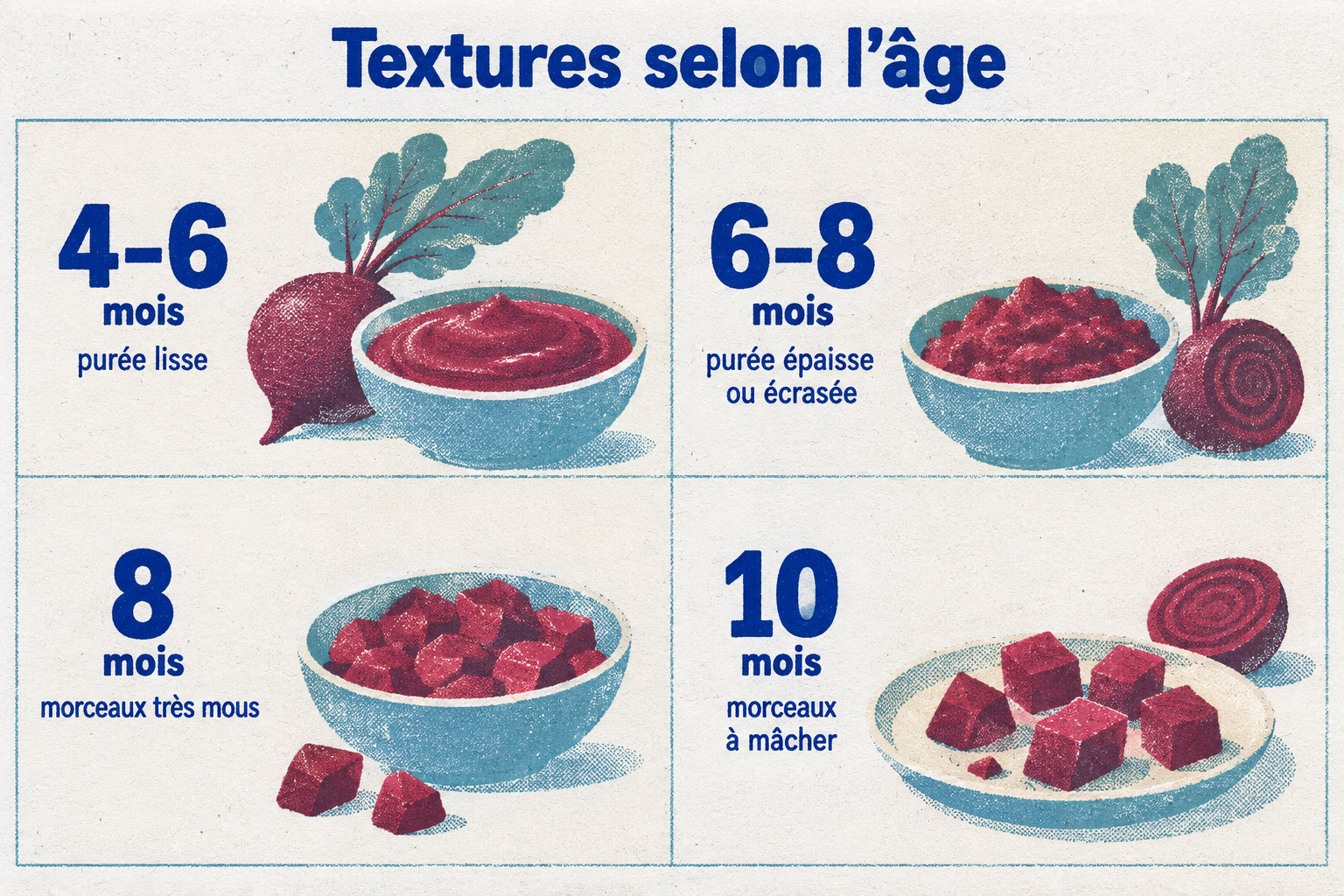 La progression va de la purée lisse à 4–6 mois à la purée épaisse ou écrasée à 6–8 mois, puis aux morceaux très mous dès 8 mois et aux morceaux à mâcher vers 10 mois.