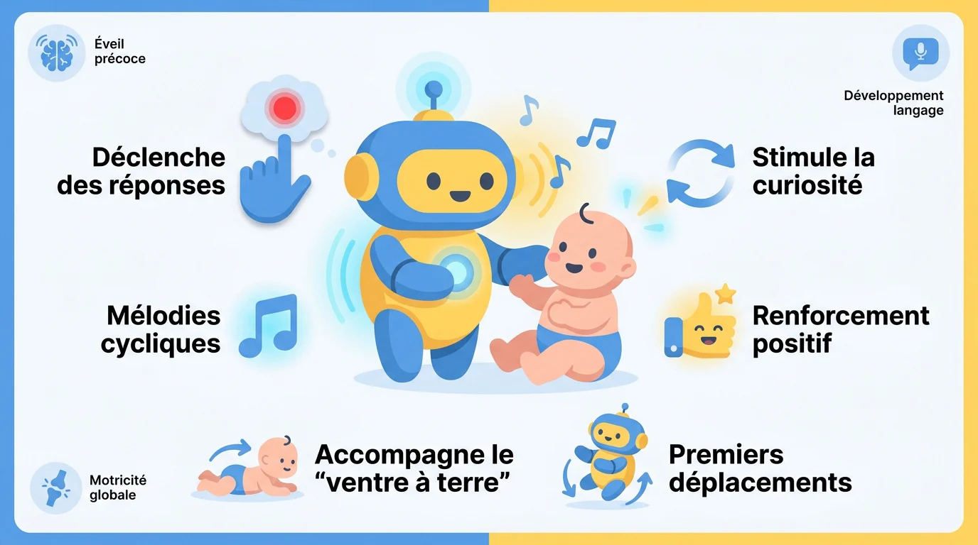 Robot interactif stimulant l'éveil d'un bébé