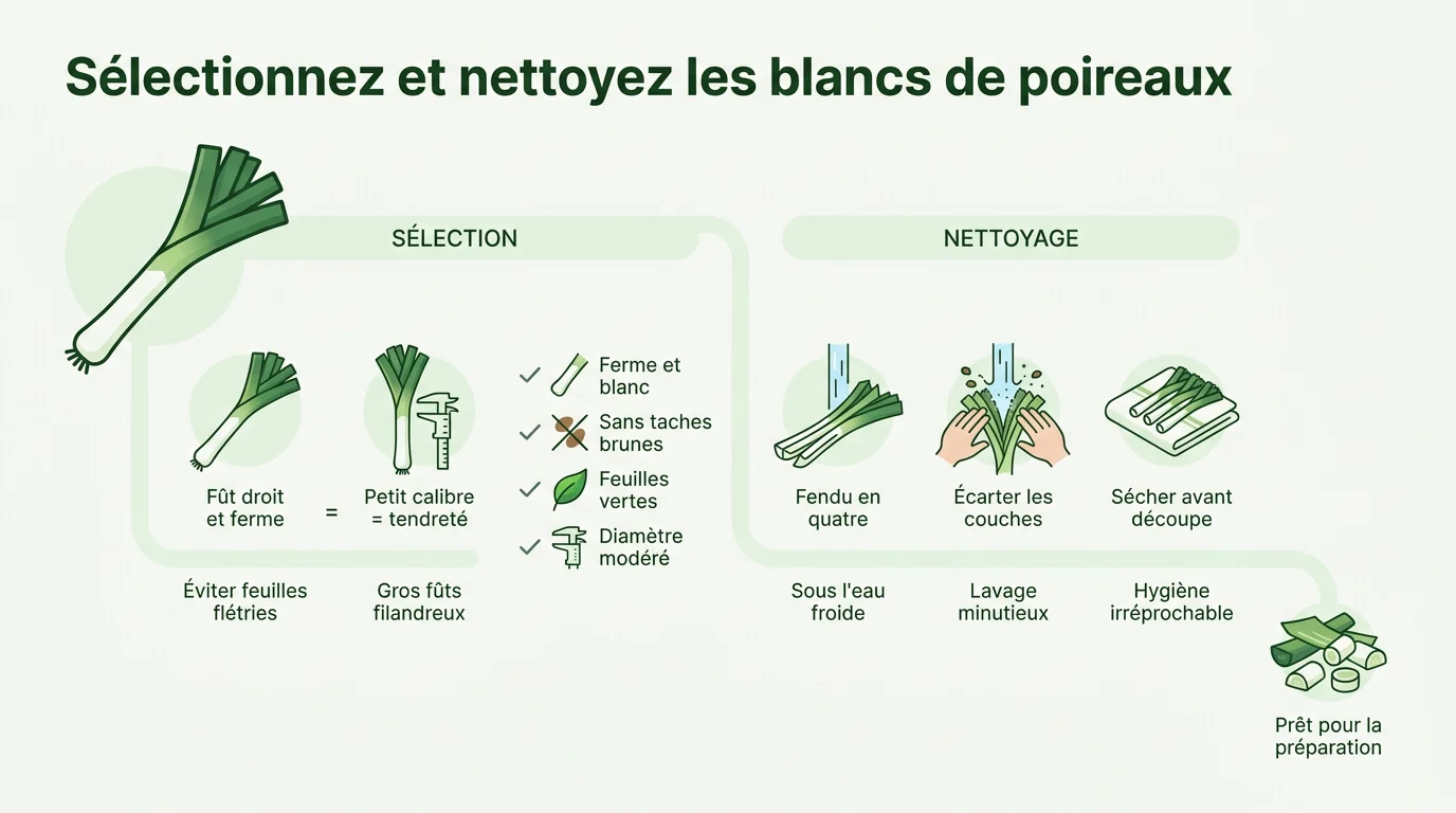 Sélection de blancs de poireaux frais et fermes pour la préparation d'une purée bébé.