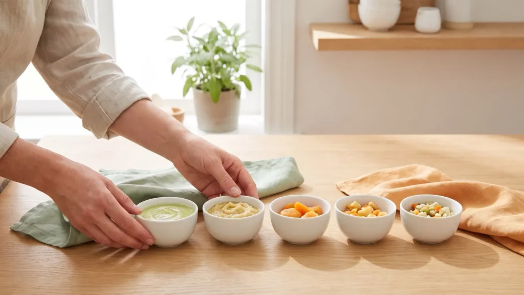 Mains qui alignent six bols, de la purée lisse aux petits morceaux fondants