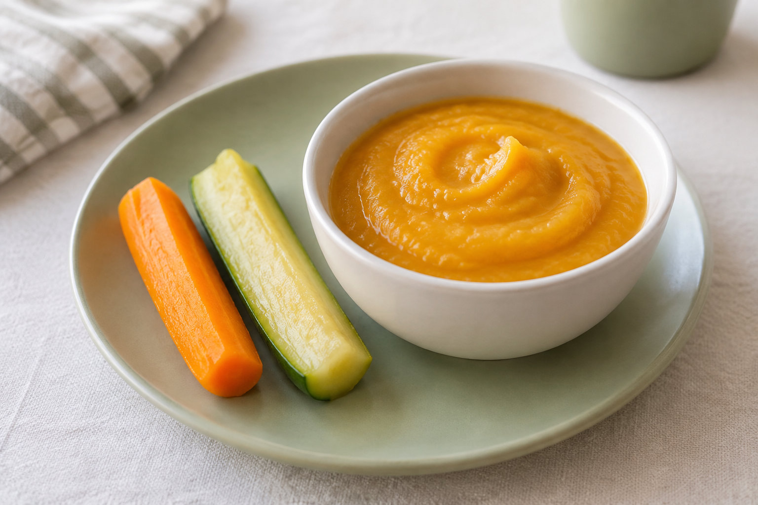 Un bol de purée orange accompagné de bâtonnets de carotte et de courgette est posé sur une assiette.