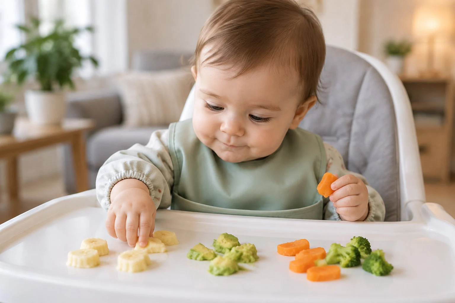 Un bébé assis dans une chaise haute manipule des morceaux de légumes sur le plateau.