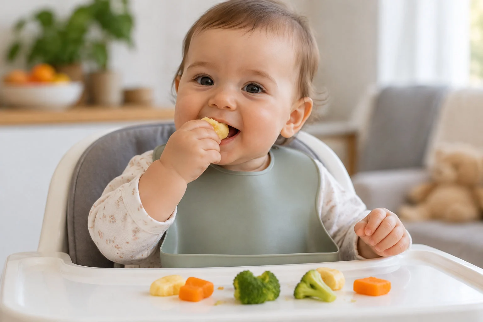 Un bébé assis dans une chaise haute porte un bavoir vert et mange un morceau d’aliment, tandis que des morceaux de légumes sont posés sur la tablette.