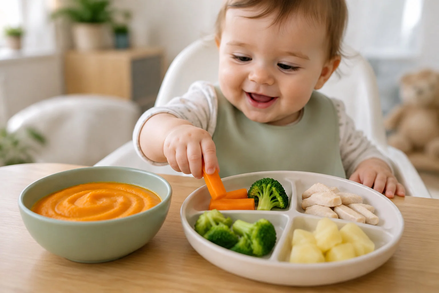Un bébé assis dans une chaise haute tend la main vers un bâtonnet de carotte, devant une assiette compartimentée de légumes, de morceaux de poulet et de fruits, ainsi qu’un bol de purée orange.