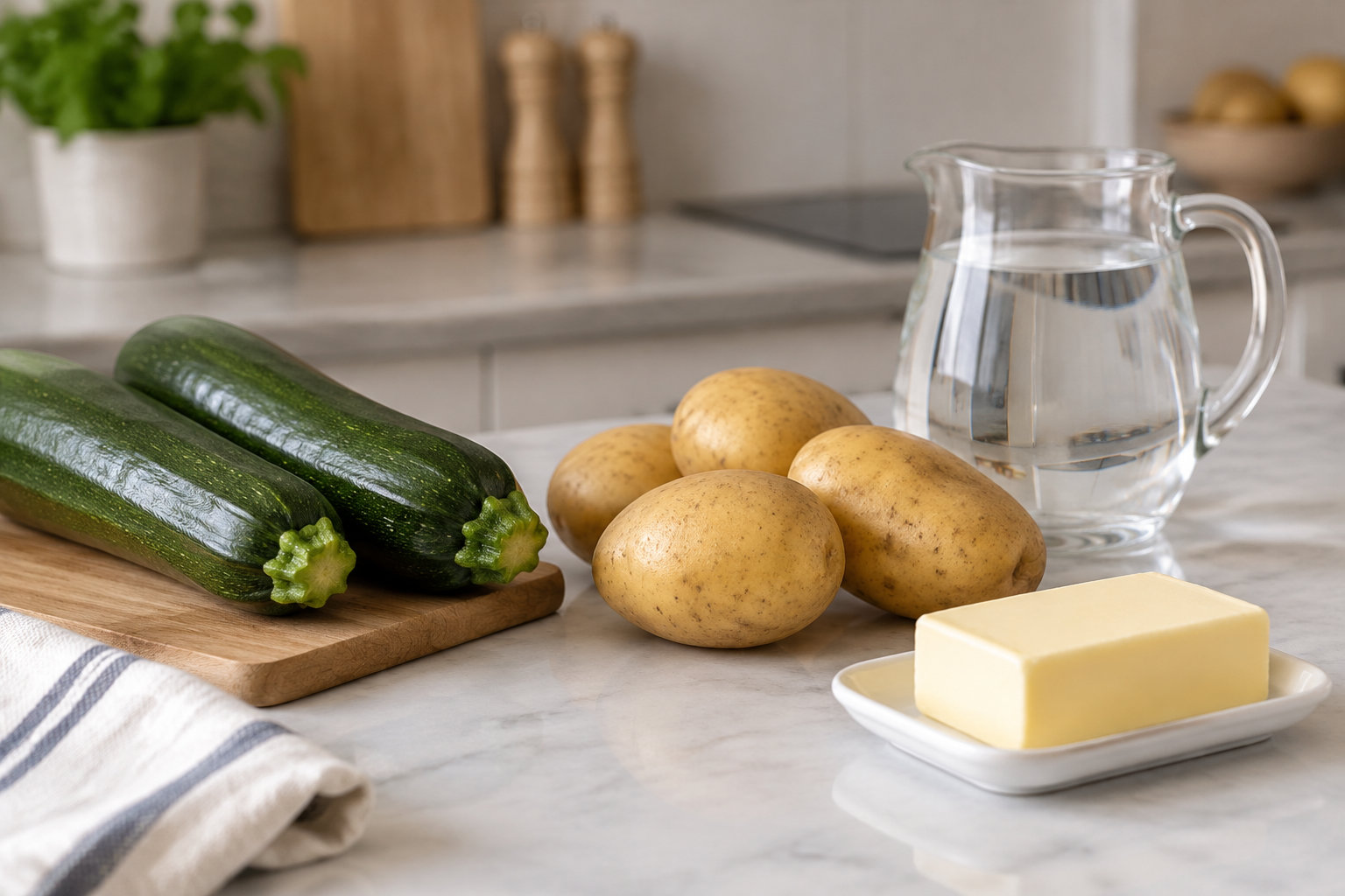 Deux courgettes, plusieurs pommes de terre, un pichet d’eau et un morceau de beurre sont disposés sur un plan de travail de cuisine.