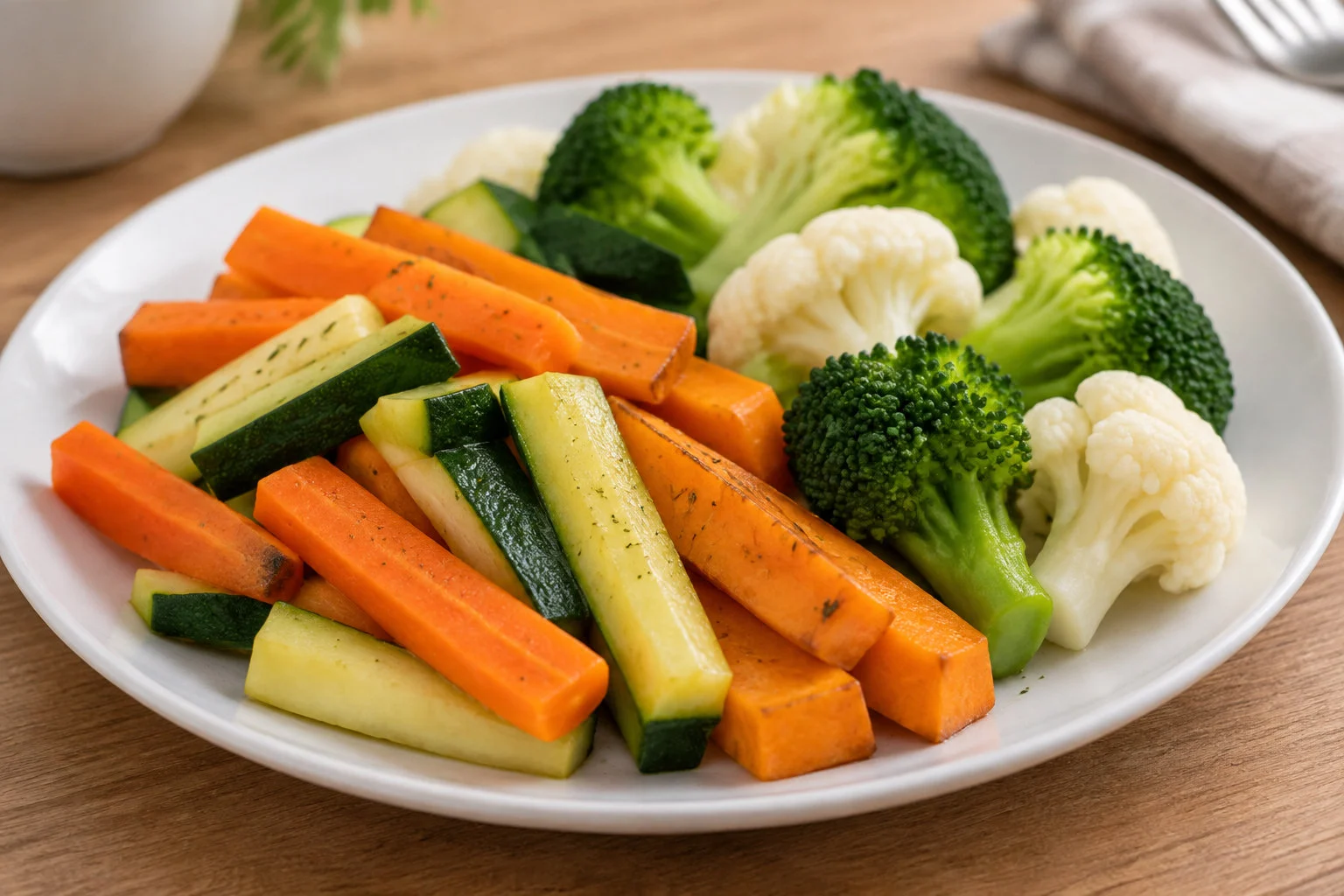 Des bâtonnets de carottes et de courgettes, avec des bouquets de brocoli et de chou-fleur, sont disposés sur une assiette blanche posée sur une table en bois.