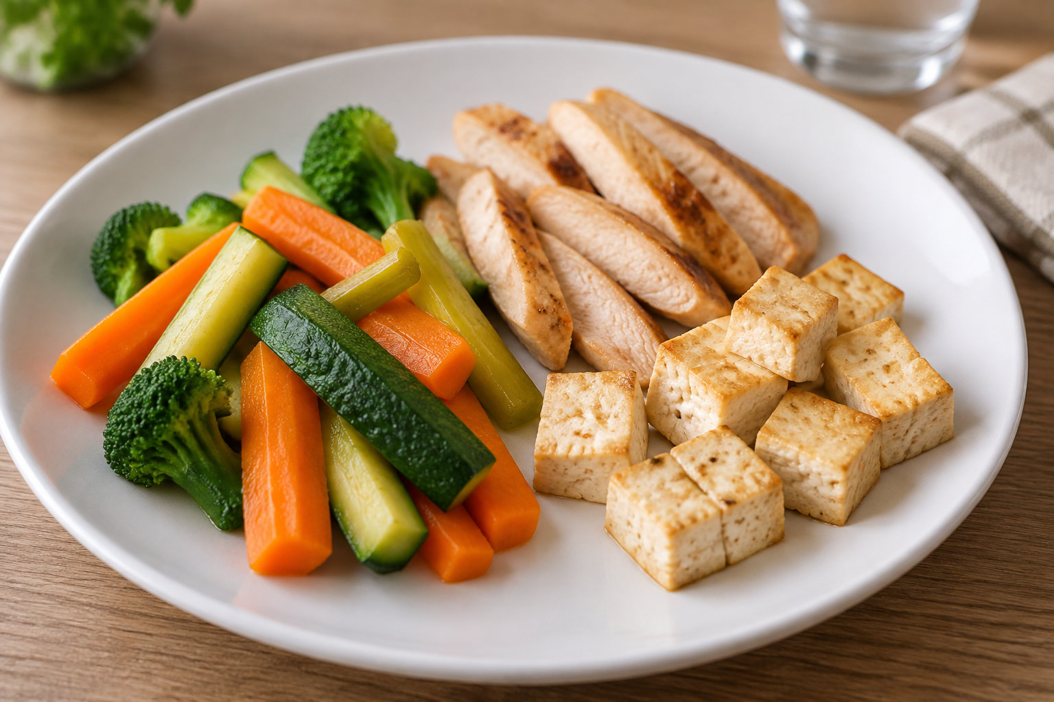Une assiette contient des morceaux de poulet grillé et de tofu doré, accompagnés de brocoli, de carottes et de courgettes.