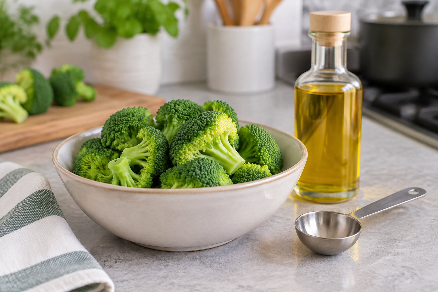 Un bol rempli de bouquets de brocoli est posé sur un plan de travail, à côté d’une bouteille d’huile et d’une cuillère doseuse en métal.