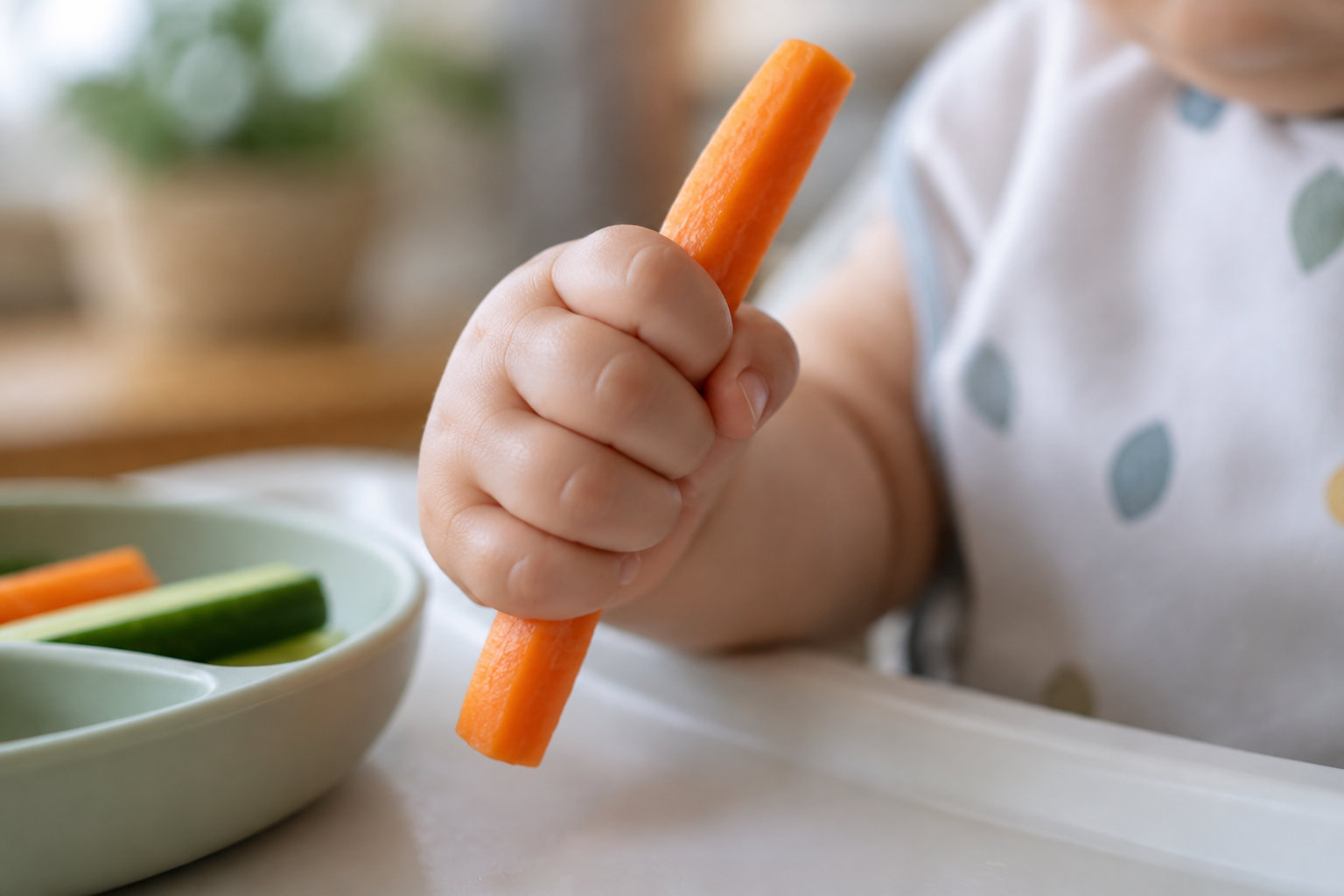 Une main de bébé tient un bâtonnet de carotte au-dessus d’une assiette contenant des bâtonnets de carotte et de concombre.