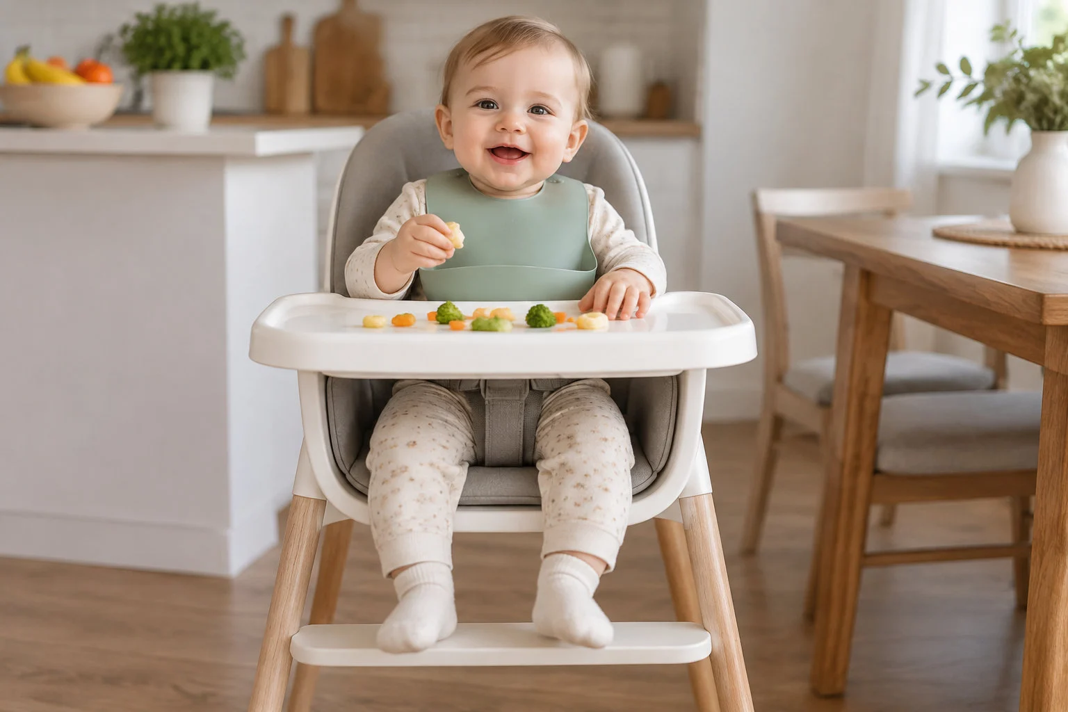 Un bébé souriant est assis dans une chaise haute et tient un morceau de nourriture au-dessus de légumes posés sur la tablette.