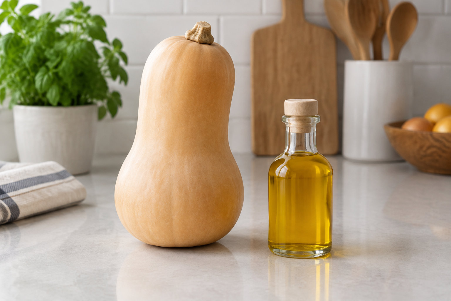 Une courge butternut et une bouteille en verre d’huile dorée sont posées sur un plan de travail dans une cuisine.