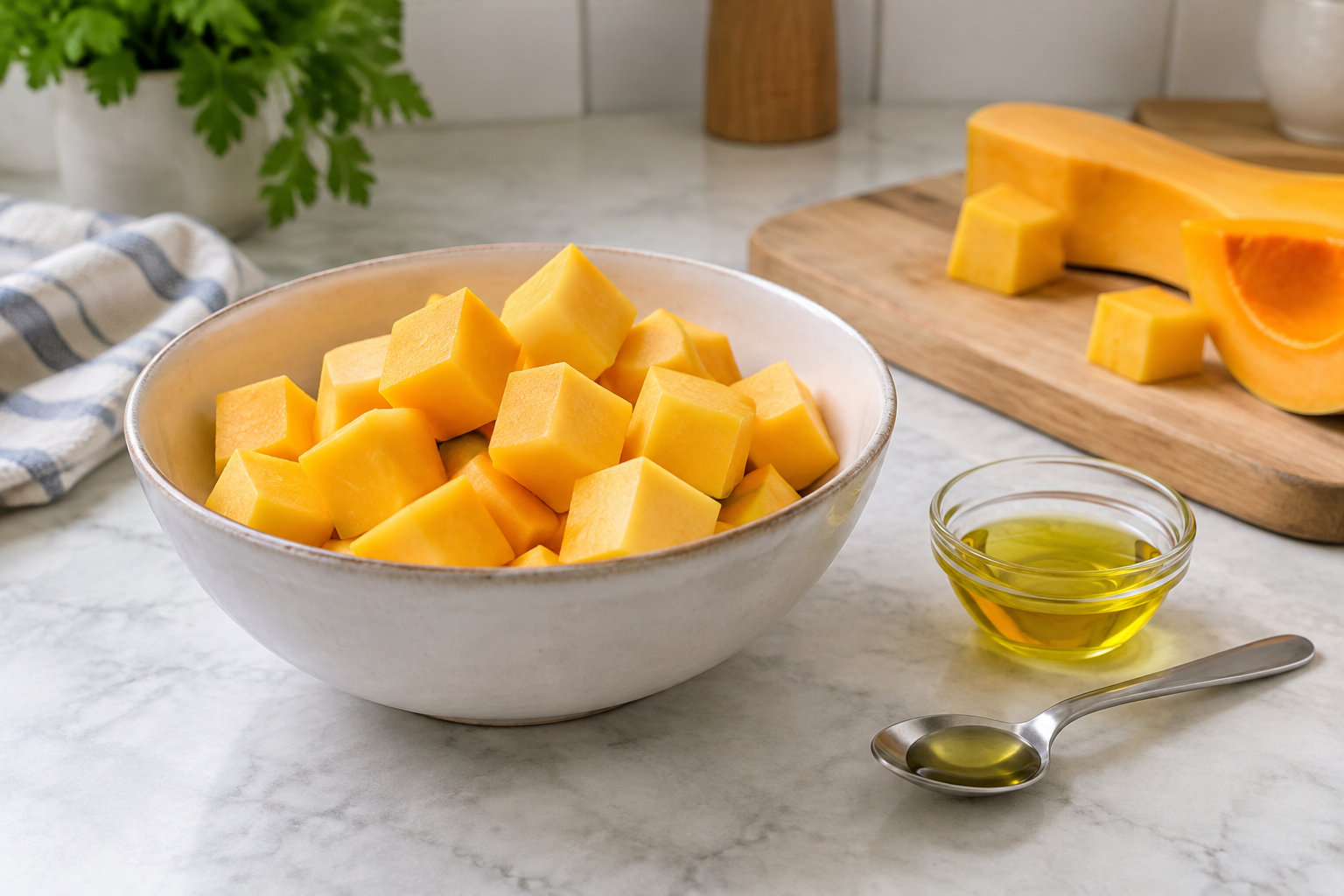 Un bol rempli de cubes de courge est posé sur un plan de travail, près d’un petit récipient et d’une cuillère contenant de l’huile, avec des morceaux de courge sur une planche à découper.