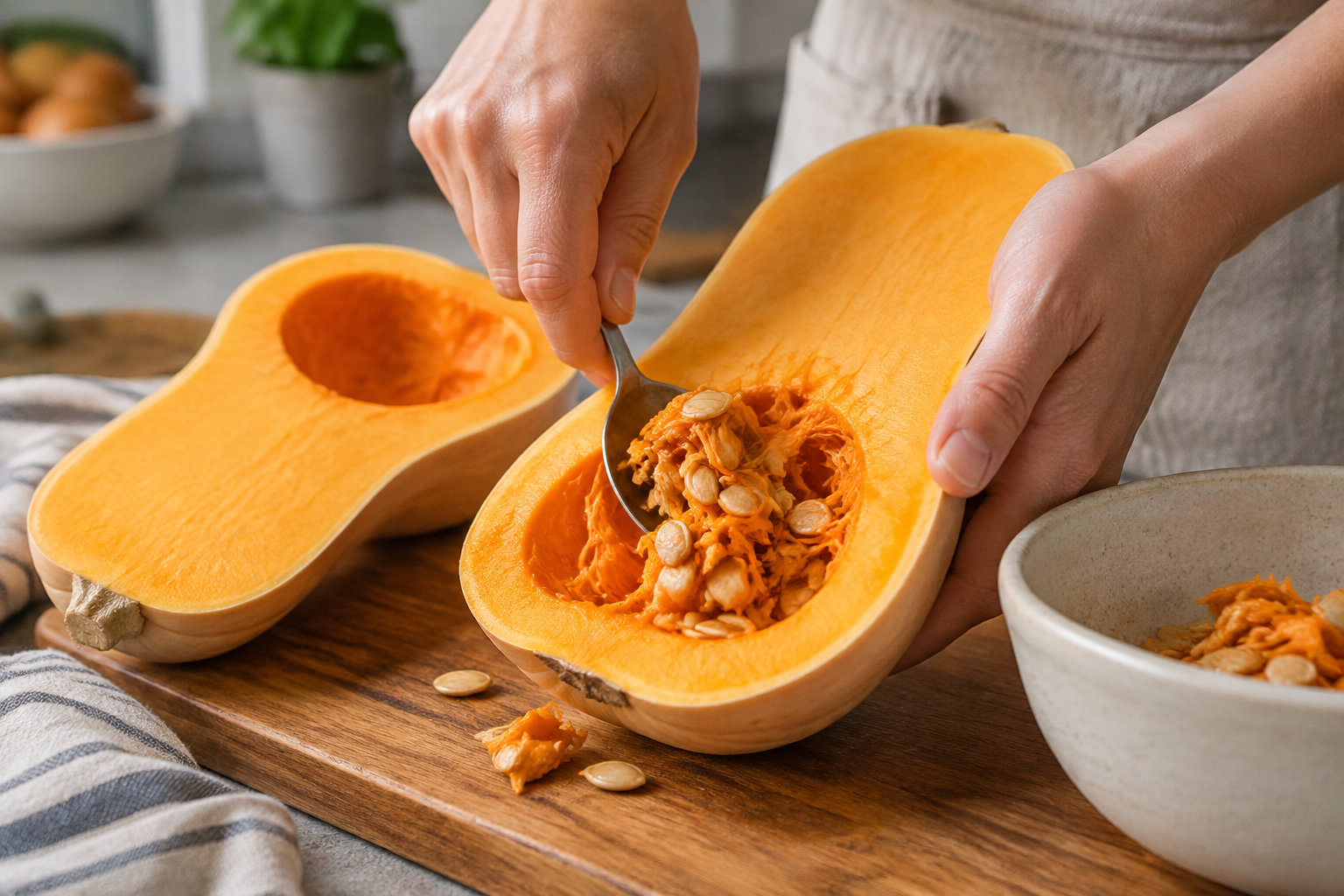 Des mains retirent les graines d’une courge butternut coupée en deux, posée sur une planche en bois.