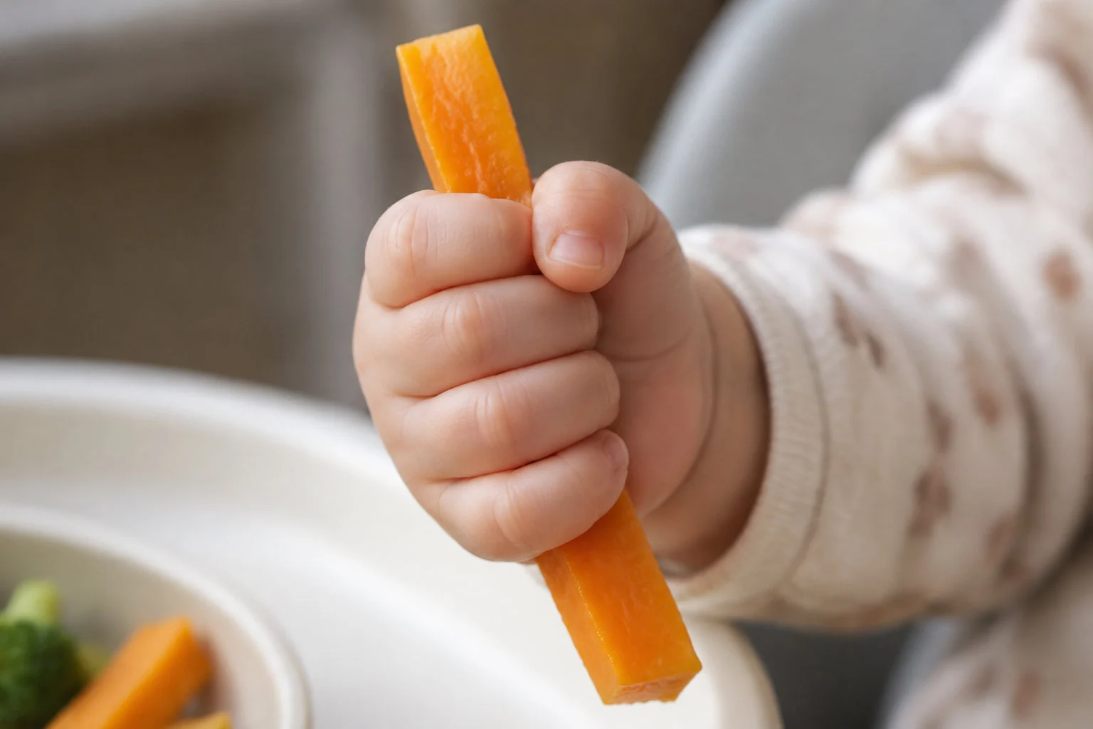Une main de bébé tient un bâtonnet de carotte au-dessus d’une assiette contenant des légumes.