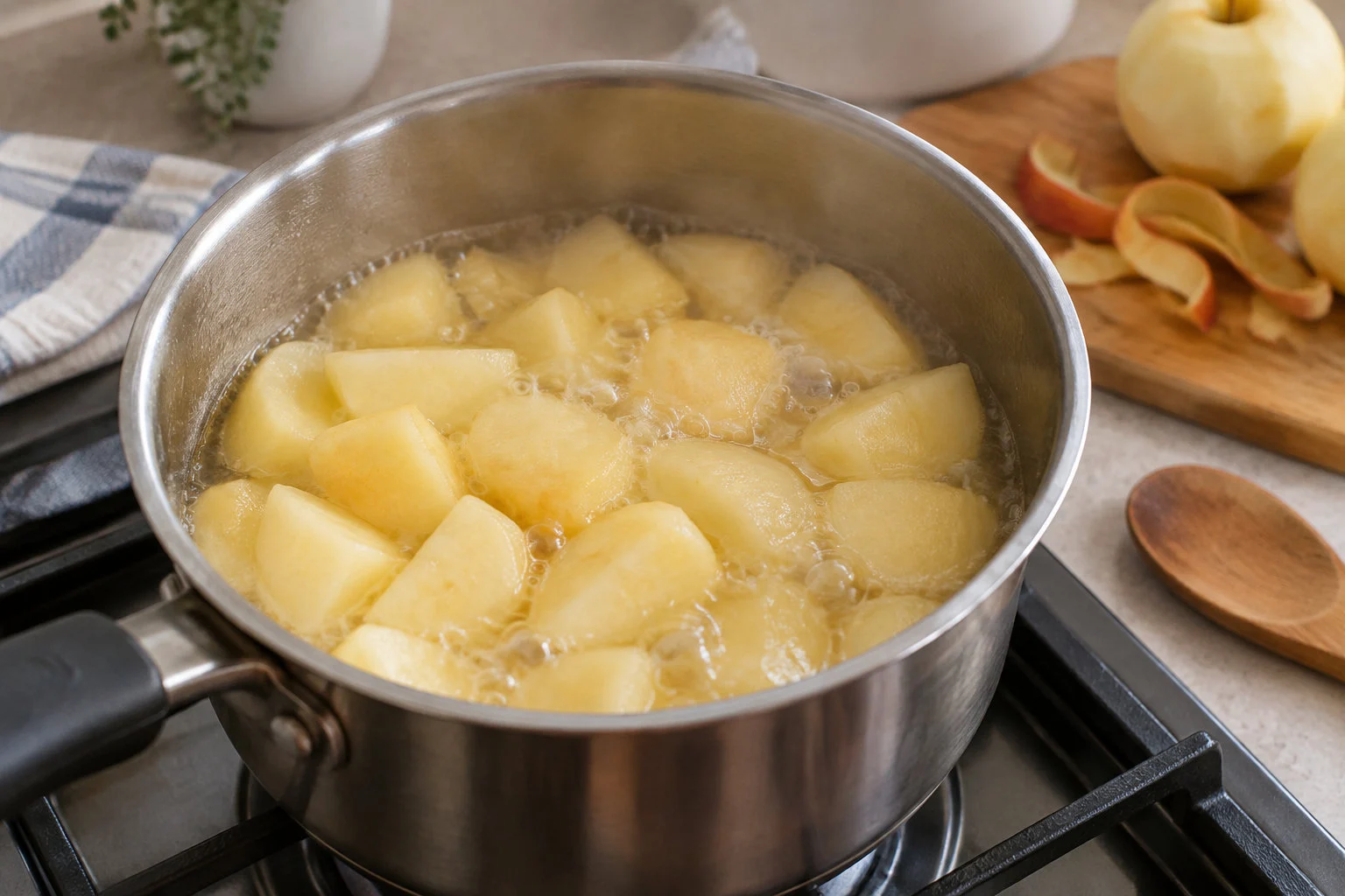 Des morceaux de pommes mijotent dans une casserole d’eau bouillante sur une cuisinière, près d’une planche avec des pommes épluchées.