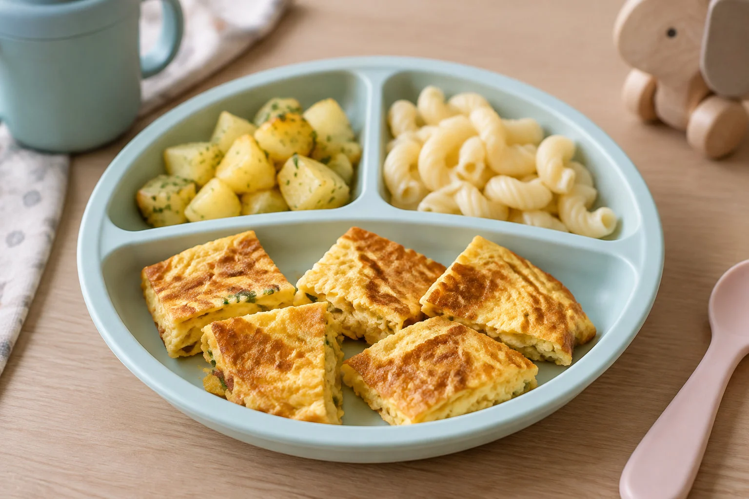 Une assiette compartimentée contient des pâtes, des pommes de terre aux herbes et des morceaux de galette dorée, posée sur une table en bois avec une cuillère rose et un jouet en bois.
