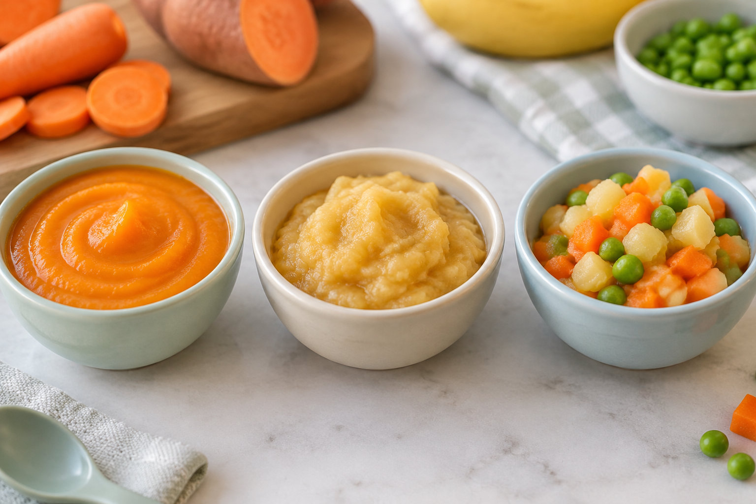Trois bols contiennent une purée orange, une purée beige et des légumes en dés avec des petits pois, sur un plan de travail entouré de carottes et d’autres ingrédients.