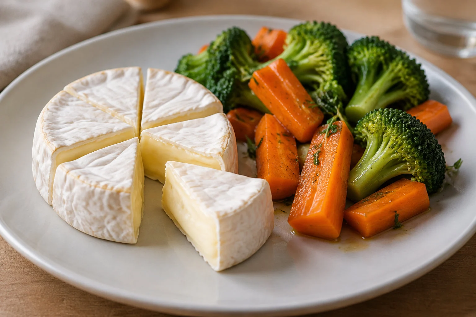 Un fromage à pâte molle coupé en parts est servi avec des brocolis et des carottes sur une assiette blanche.