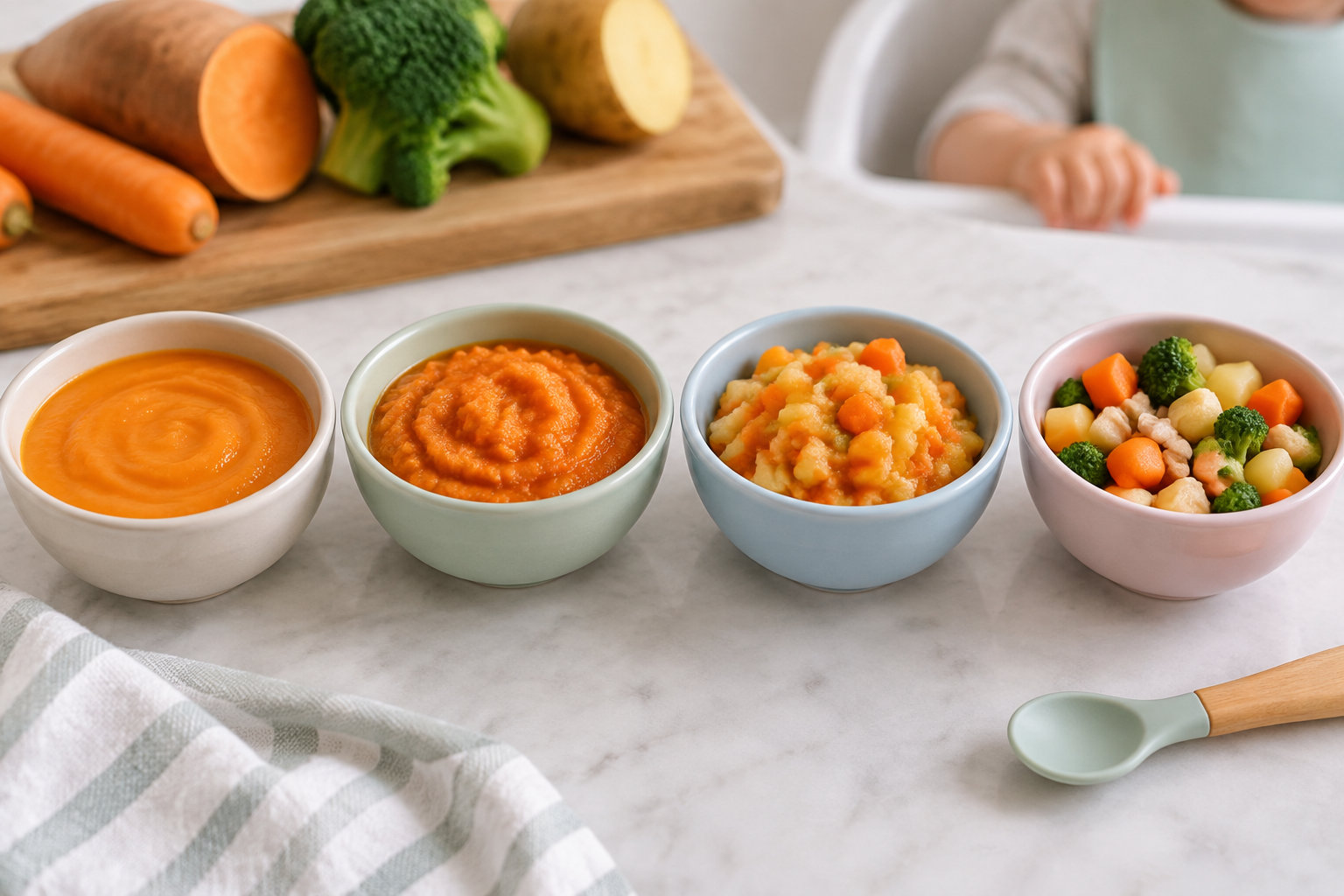 Quatre bols contiennent des purées et des morceaux de légumes, avec une cuillère, un torchon et des légumes crus sur une planche en arrière-plan.