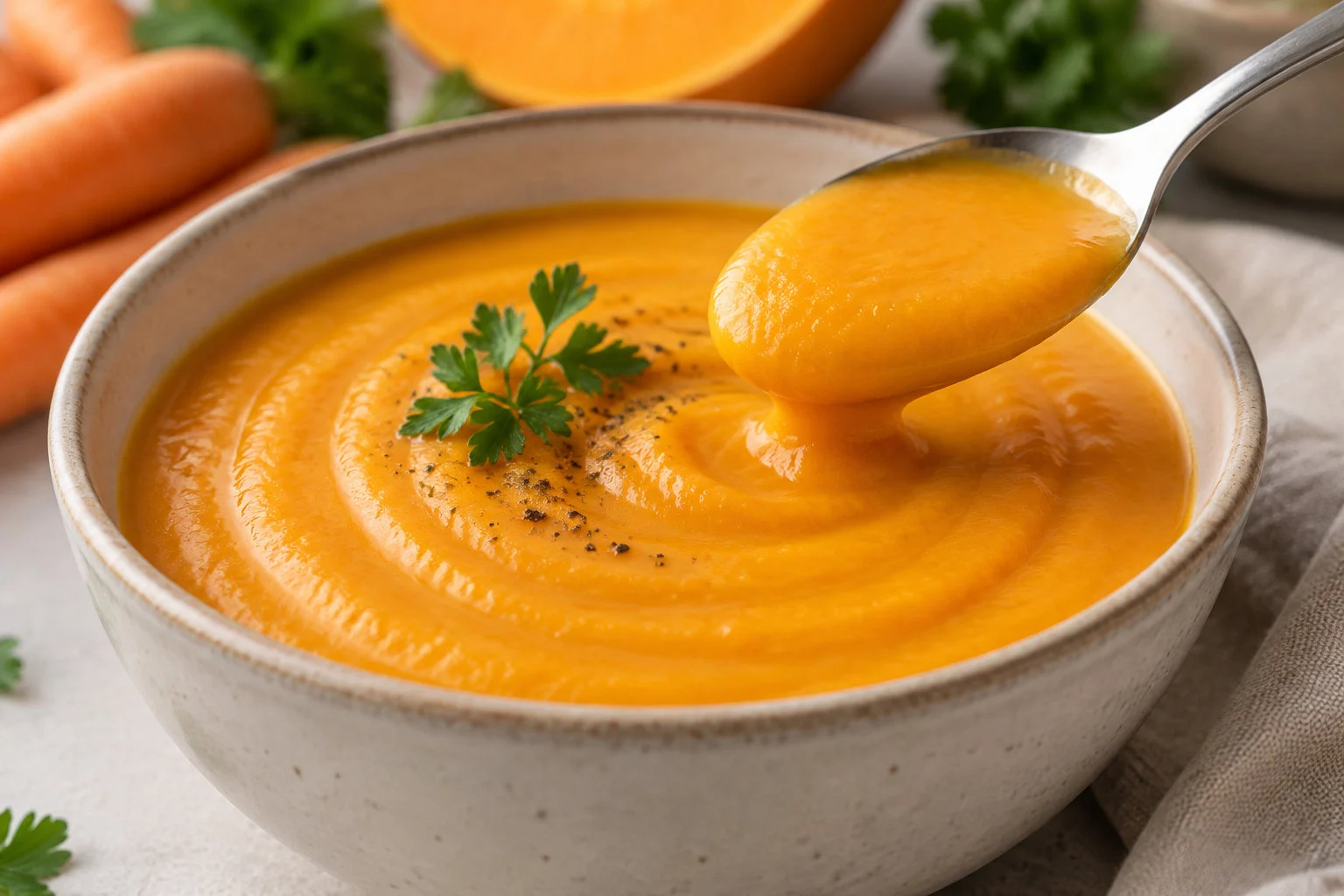 Un bol de soupe orange garnie de persil et de poivre, avec une cuillère qui en soulève une portion, des carottes et un morceau de courge en arrière-plan.