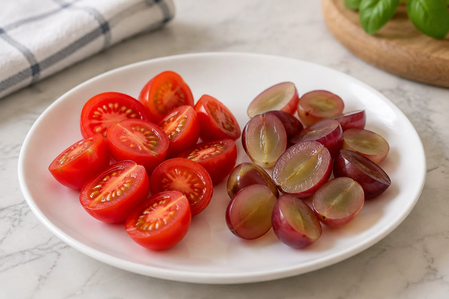Des tomates cerises coupées en deux et des raisins rouges coupés en deux sont disposés côte à côte sur une assiette blanche.