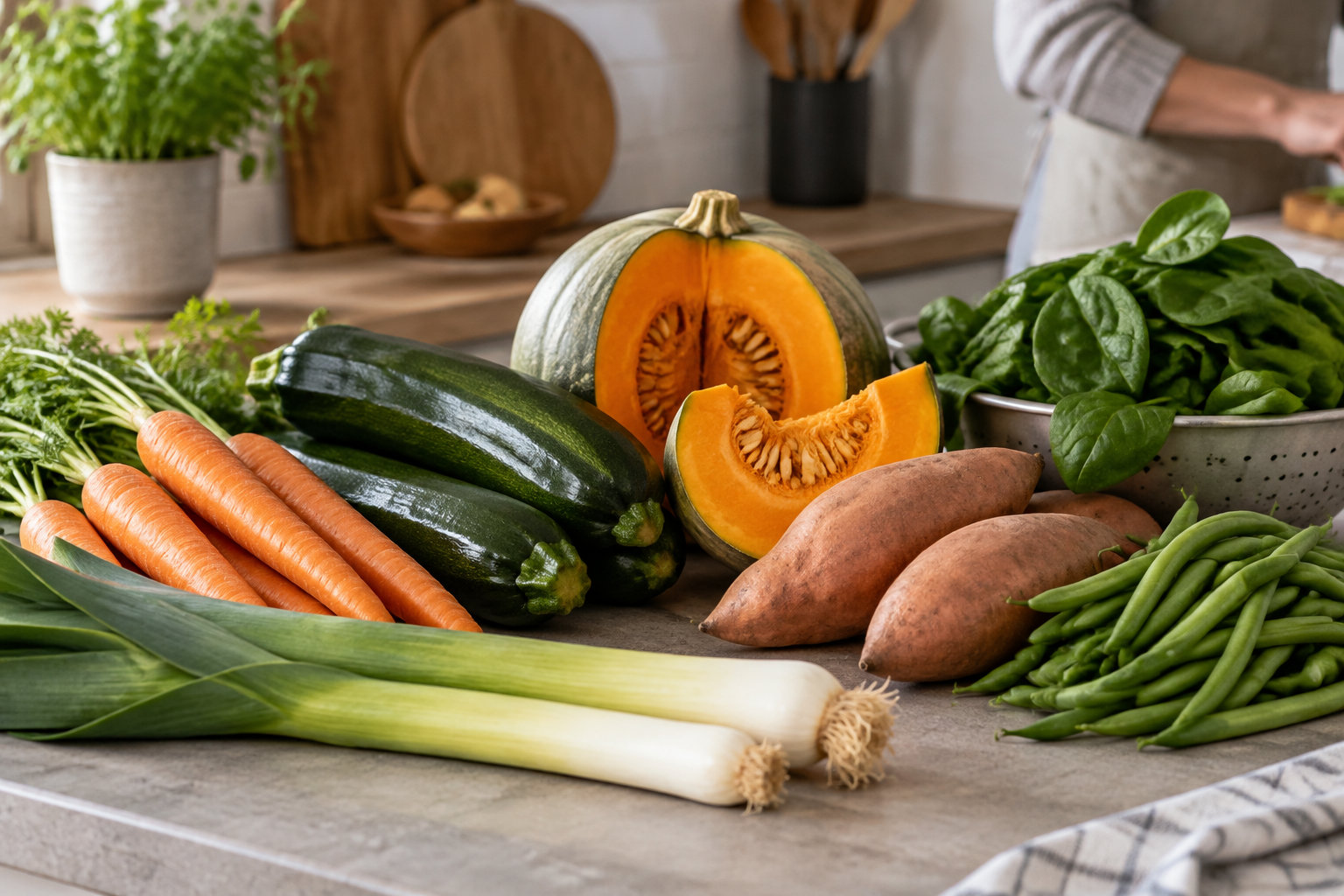 Des légumes frais, carottes, courgettes, potiron, patates douces, poireaux, haricots verts et épinards, sont disposés sur un plan de travail de cuisine.