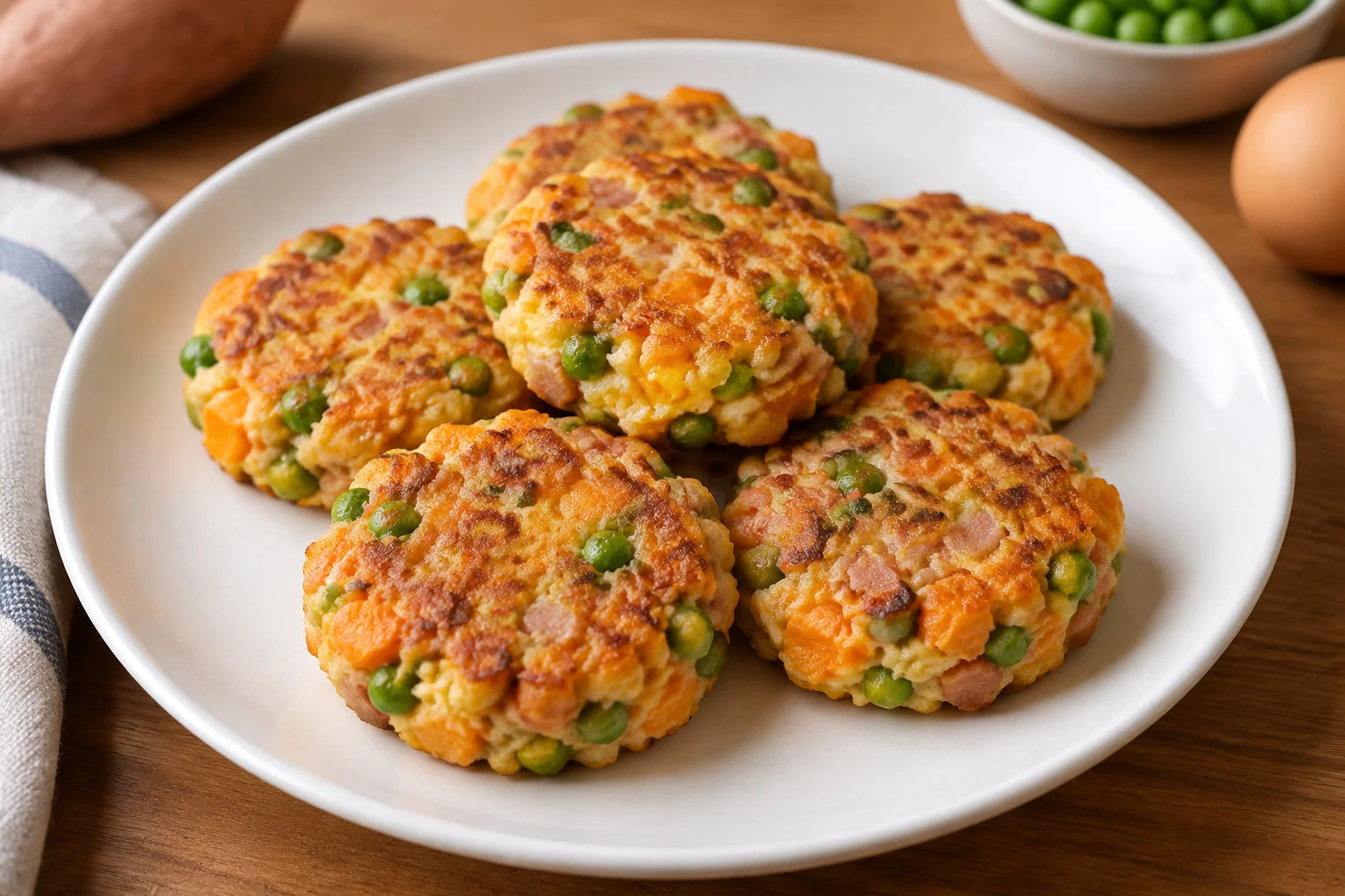 Une assiette blanche présente cinq galettes dorées aux petits pois et aux morceaux de légumes, sur une table en bois.