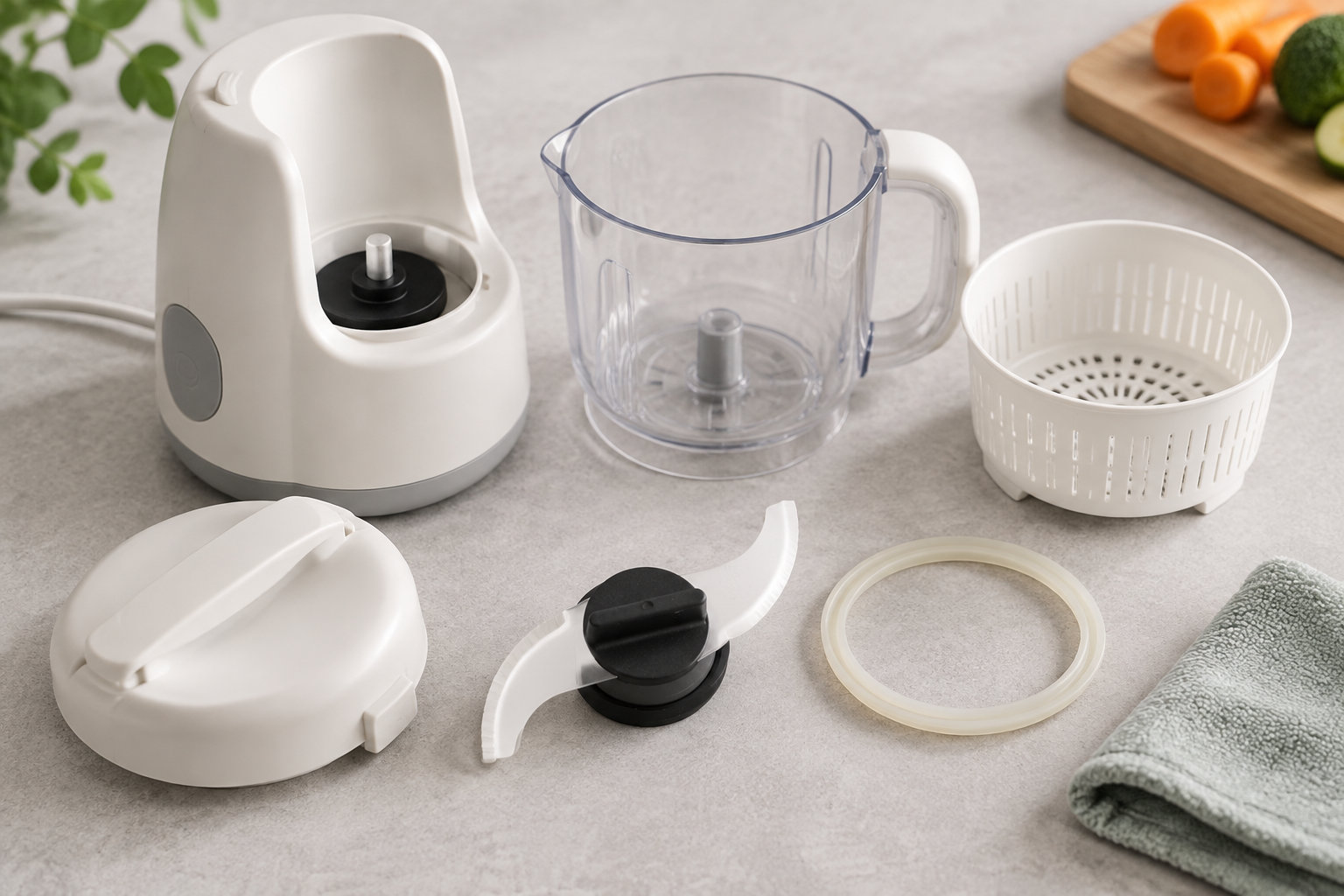 Un robot de cuisine démonté est disposé sur un plan de travail, avec son bol transparent, son couvercle, une lame, un panier et un joint, près de légumes et d’un torchon.