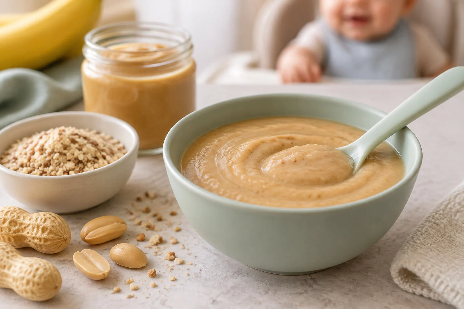 Un bol de purée crémeuse avec une cuillère est posé devant un pot ouvert de purée d’arachide et des morceaux d’arachide, tandis qu’un bébé apparaît en arrière-plan.