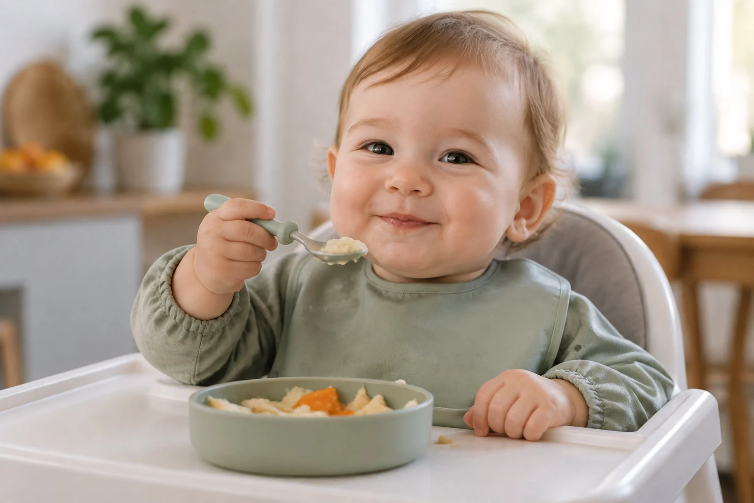 Un bébé souriant, assis dans une chaise haute, tient une cuillère de purée au-dessus d’un bol posé sur la tablette.