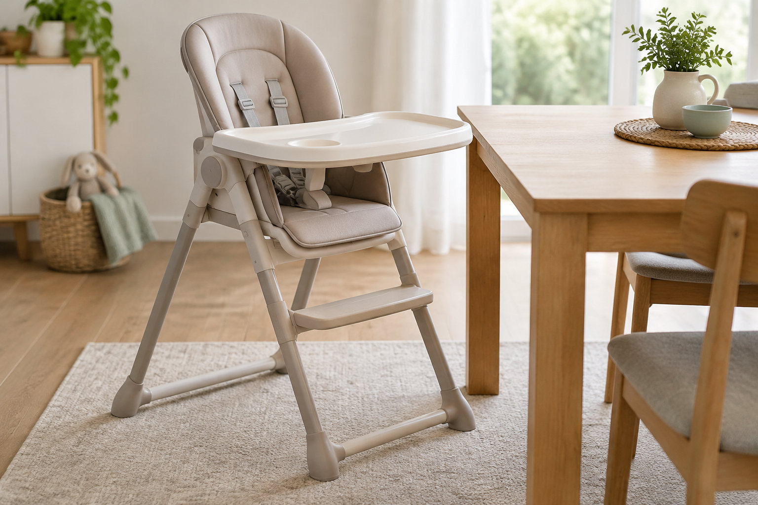Une chaise haute pour bébé avec harnais et tablette est placée près d’une table en bois, dans une pièce lumineuse.
