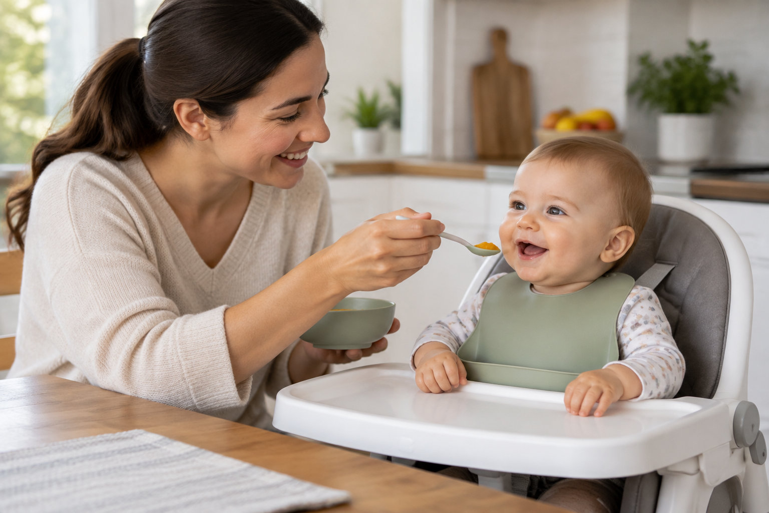 Une femme souriante donne une cuillerée de nourriture à un bébé assis dans une chaise haute, dans une cuisine lumineuse.