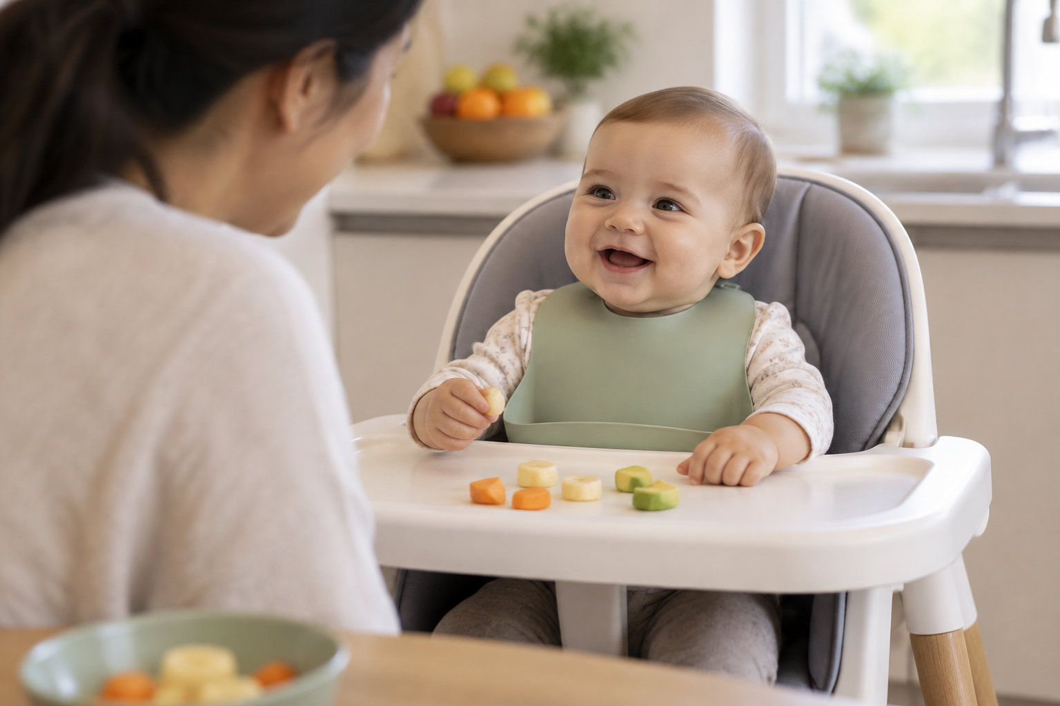 Un bébé souriant, assis dans une chaise haute avec un bavoir, tient un morceau de nourriture face à une adulte, tandis que des morceaux colorés sont posés sur le plateau.
