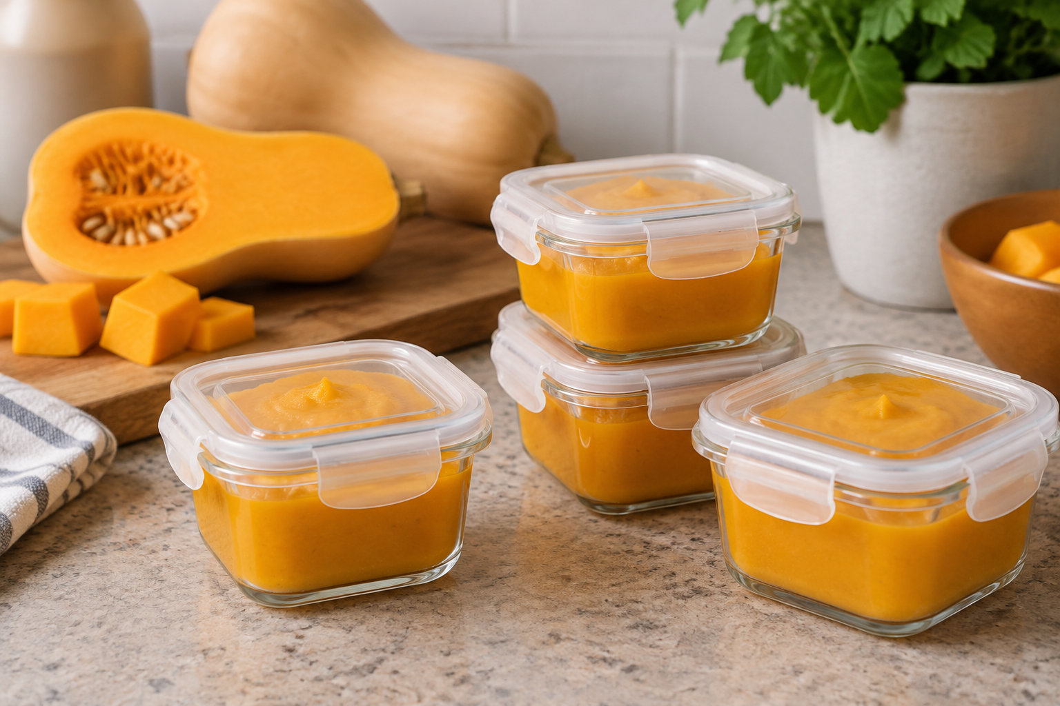 Quatre boîtes en verre remplies de purée orange sont disposées sur un plan de travail, près d’une courge coupée et de morceaux de courge.