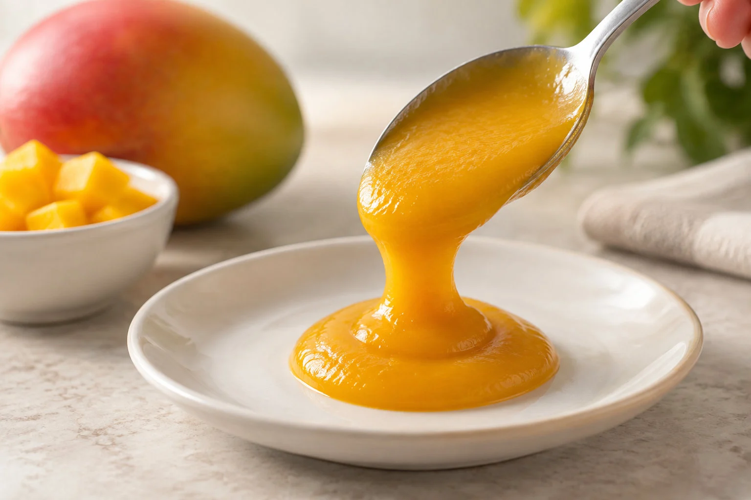 Une cuillère verse une purée orange épaisse sur une assiette, avec une mangue et un bol de morceaux de mangue en arrière-plan.