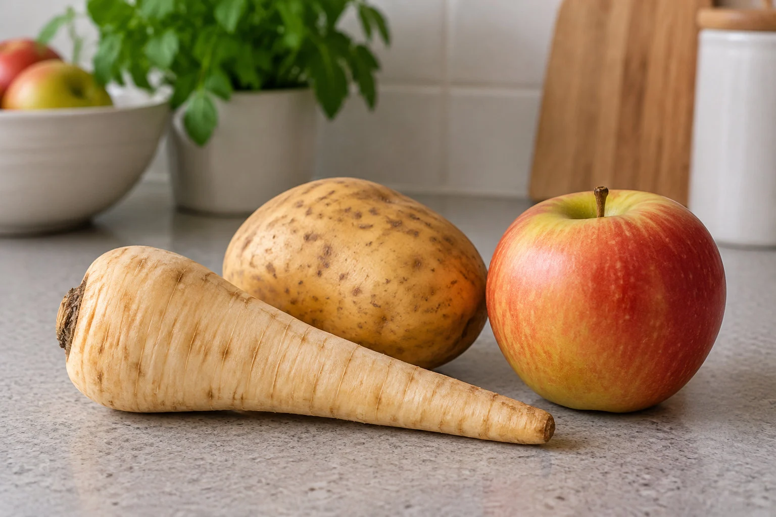 Un panais, une pomme de terre et une pomme sont posés sur un plan de travail de cuisine.