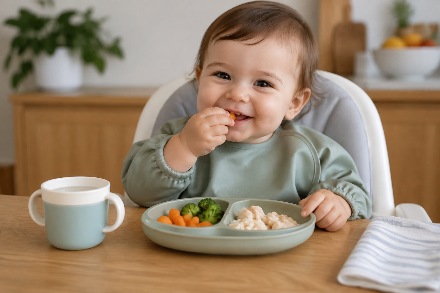 Un bébé souriant assis dans une chaise haute mange un morceau de nourriture, devant une assiette compartimentée et un gobelet sur une table.