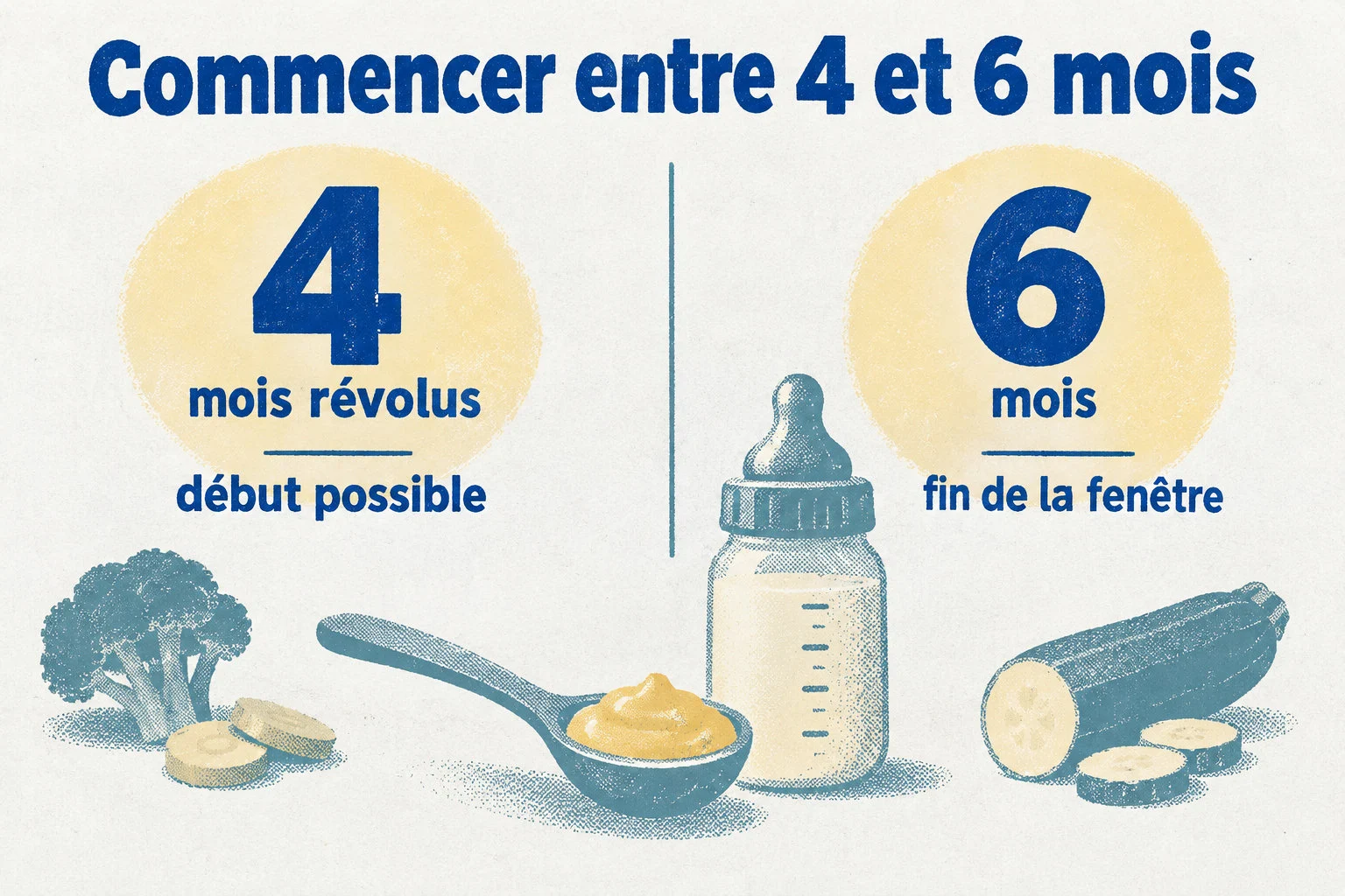 La diversification peut commencer entre 4 mois révolus et 6 mois ; le lait reste la base de l’alimentation.