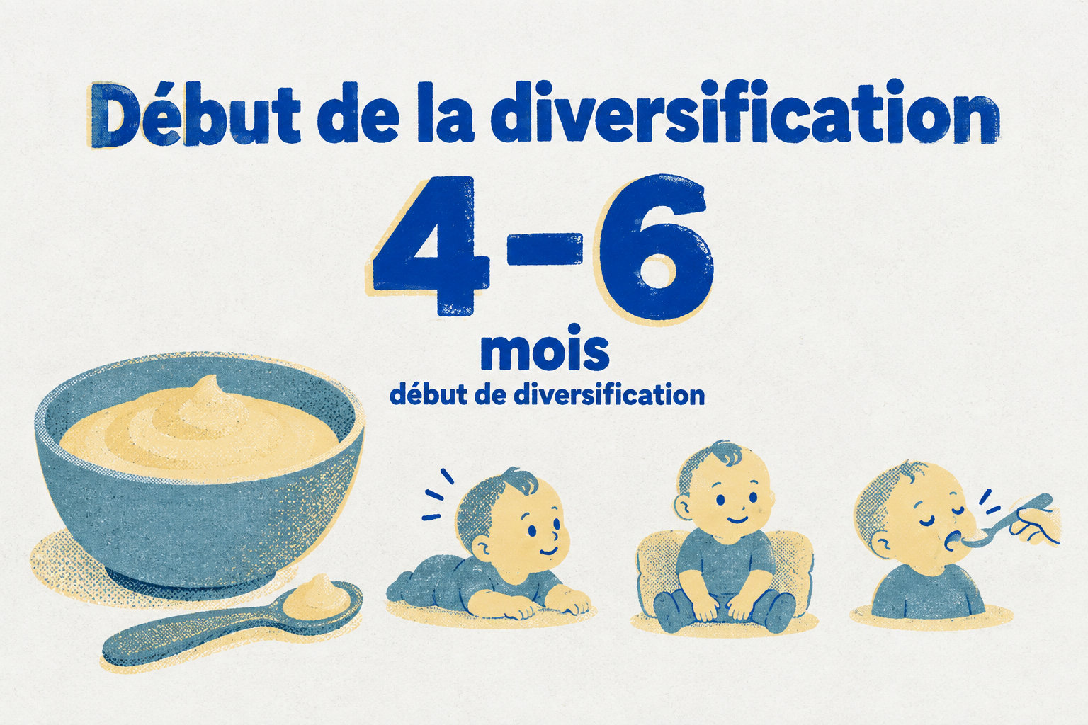 La diversification débute entre 4 et 6 mois, lorsque l’enfant tient sa tête, reste assis avec soutien et avale la purée sans la repousser avec la langue.