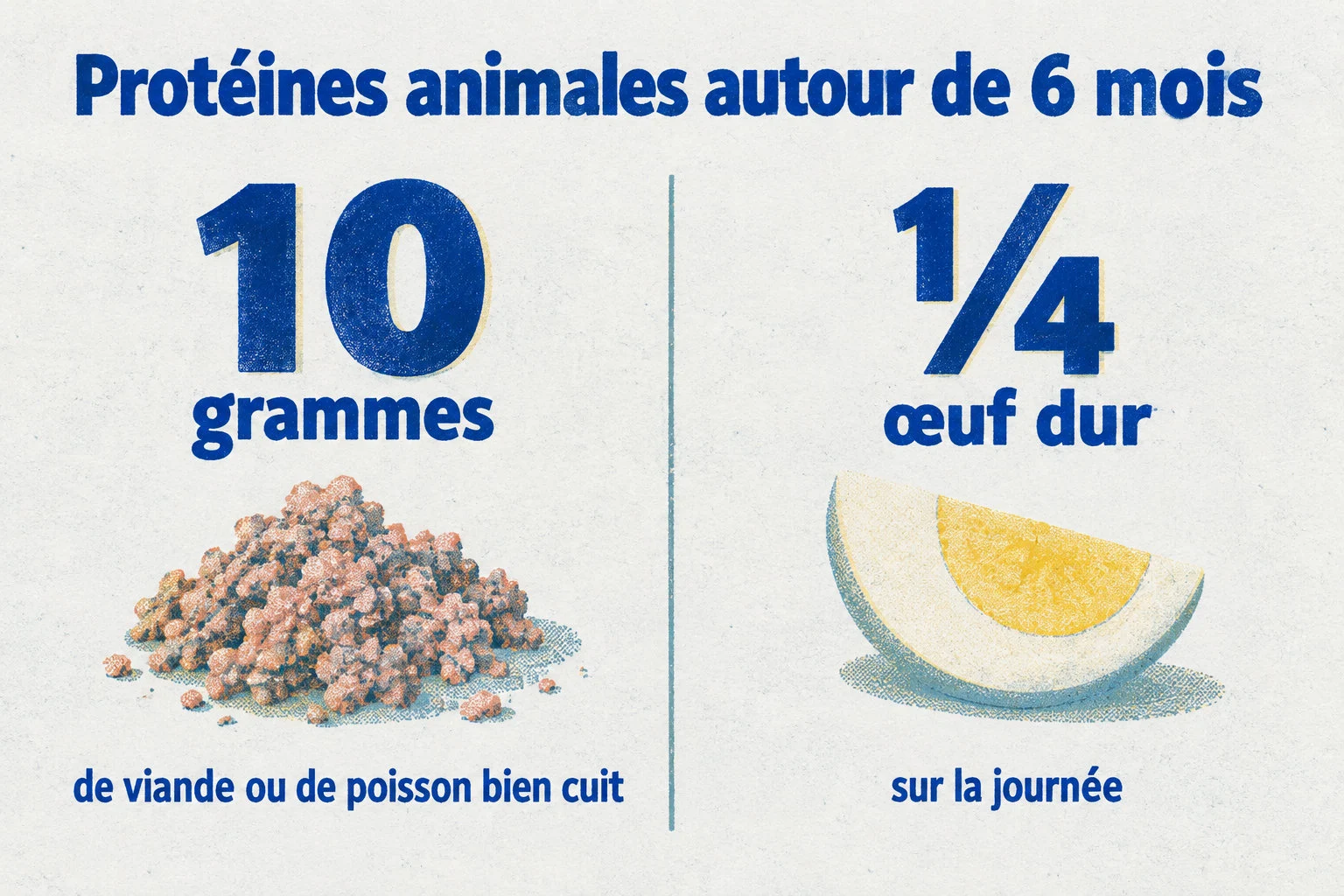 Autour de 6 mois, la portion quotidienne de protéines animales est de 10 grammes de viande ou de poisson bien cuit, ou d’un quart d’œuf dur.