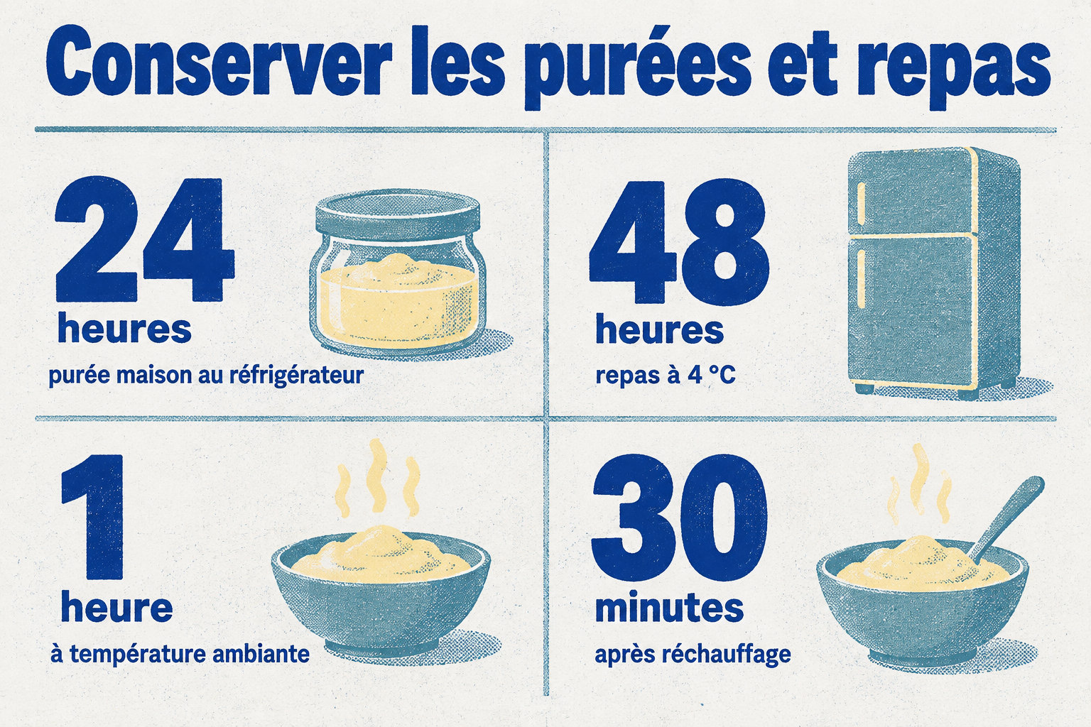 Une purée maison se garde au réfrigérateur 24 heures maximum, un repas pour bébé jusqu’à 48 heures à 4 °C ; jetez la purée après plus d’1 heure à température ambiante ou plus de 30 minutes après réchauffage.