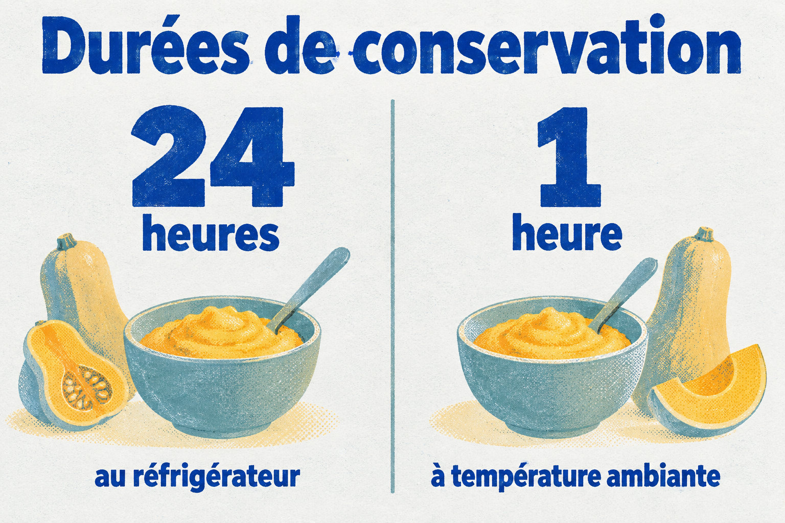 Une purée maison se conserve au réfrigérateur 24 heures au plus, et se sert dans l’heure à température ambiante.